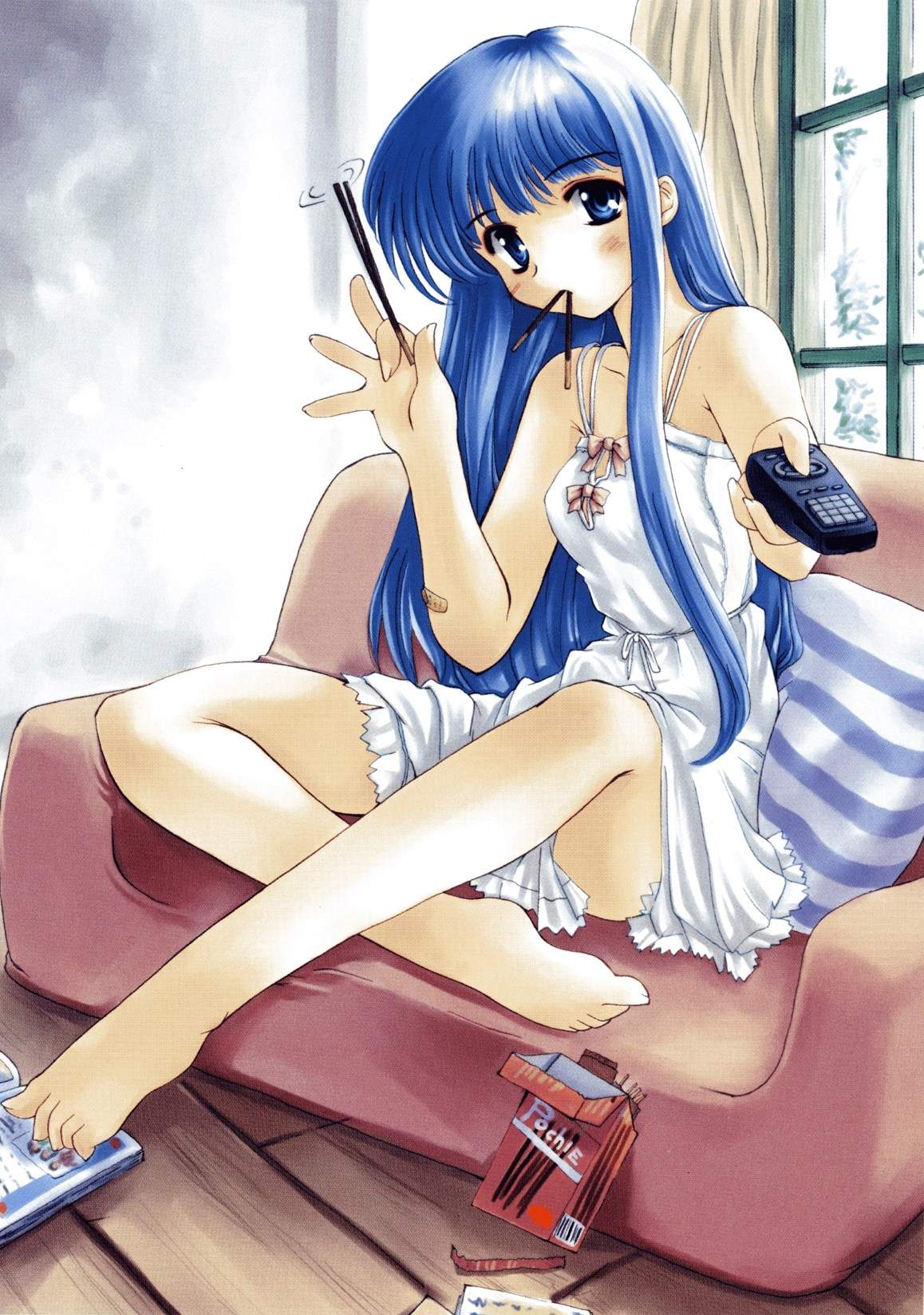 makita yoshiharu, highres, scan, 1girl, bandaid, barefoot, blue eyes, blue hair, blush, bow, controller, curtains, dress, eating, female focus, food, long hair, matching hair/eyes, mouth hold, pocky, remote control, solo, sundress, window