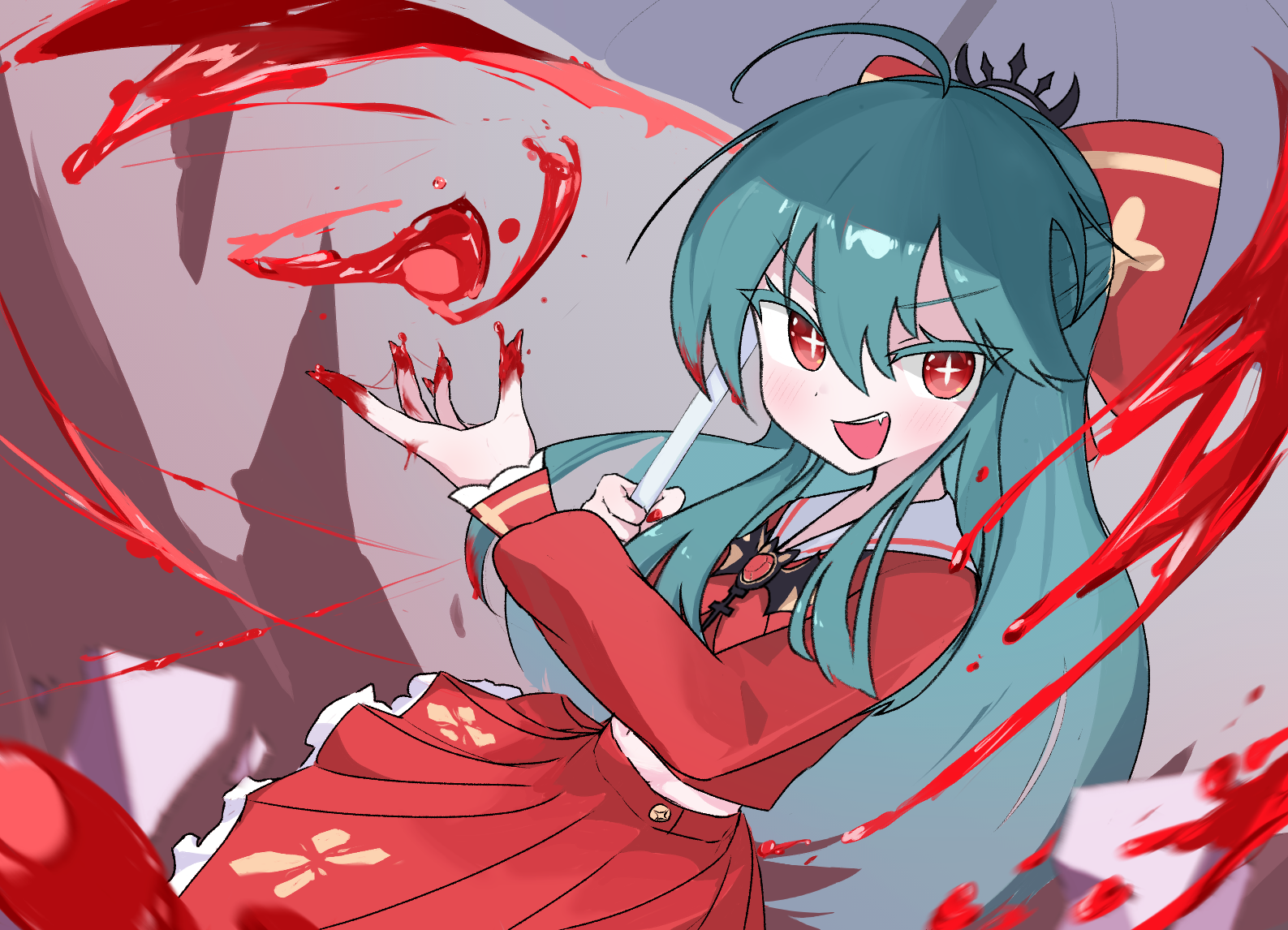 wingcat, bianca (black survival), black survival, eternal return: black survival, 1girl, ahoge, bianca (transfer student) (black survival), blood, blood in hair, blood on hands, blue hair, bow, cowboy shot, cross-shaped pupils, dot nose, fang, frilled skirt, frills, from side, grey background, hair between eyes, hair bow, hand up, hemokinesis, holding, holding umbrella, light blush, long hair, long sleeves, looking at viewer, open mouth, pleated skirt, puffy long sleeves, puffy sleeves, red bow, red eyes, red nails, red serafuku, red shirt, red skirt, sailor collar, school uniform, serafuku, shirt, skirt, solo, straight hair, symbol-shaped pupils, umbrella, v-shaped eyebrows, very long hair, white sailor collar, white trim