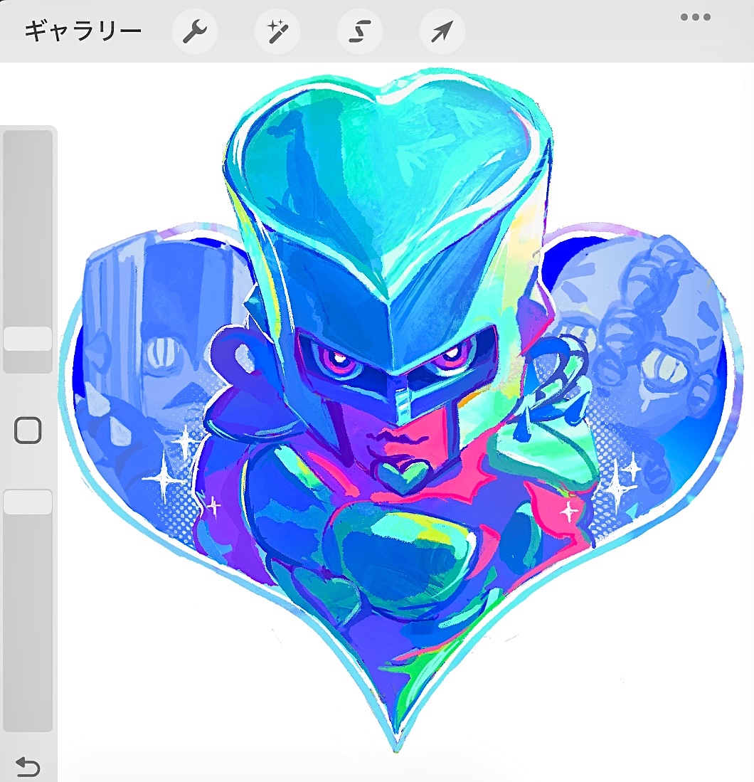 uu0000322, crazy diamond, echoes (stand), the hand (stand), diamond wa kudakenai, jojo no kimyou na bouken, 3others, armor, blue armor, blue helmet, chibi, chibi only, colored skin, compound eyes, echoes act3, heart, helmet, multiple others, no humans, pink eyes, pink skin, sparkle, stand (jojo), user interface, white background