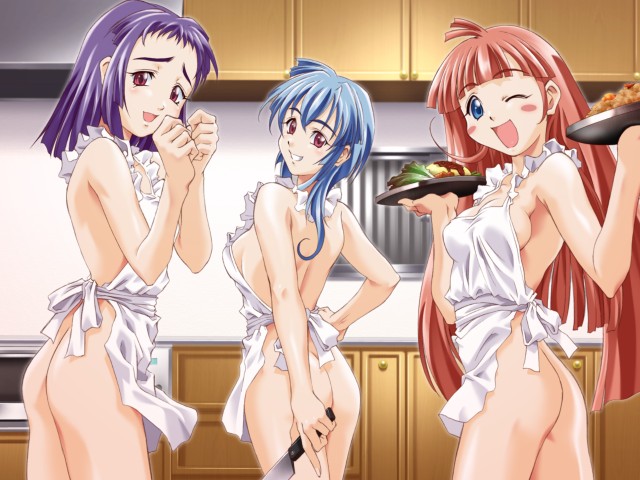 maruto!, yuuki kobato, yuuki misago, yuuki tsugumi, watashi ni konya ai ni kite, game cg, 3girls, apron, ass, blue eyes, blue hair, blush, breasts, food, knife, medium breasts, multiple girls, naked apron, one eye closed, pink hair, purple hair, red eyes, sideboob, smile, tray, wink