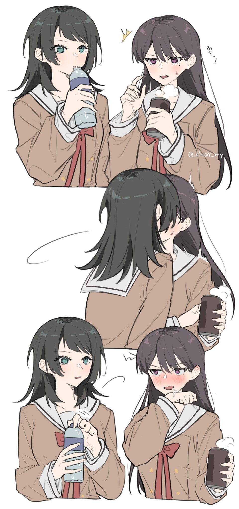 lehcar, shiina taki, yahata umiri, bang dream!, bang dream! it's mygo!!!!!, commentary request, highres, 2girls, black hair, blue eyes, blush, bottle, bow, bowtie, brown dress, brown hair, can, canned coffee, dress, drink can, hanasakigawa school uniform, holding, holding bottle, holding can, kiss, long hair, mole, mole under eye, multiple girls, open mouth, purple eyes, red bow, red bowtie, sailor dress, school uniform, simple background, tongue, tongue out, white background, yuri