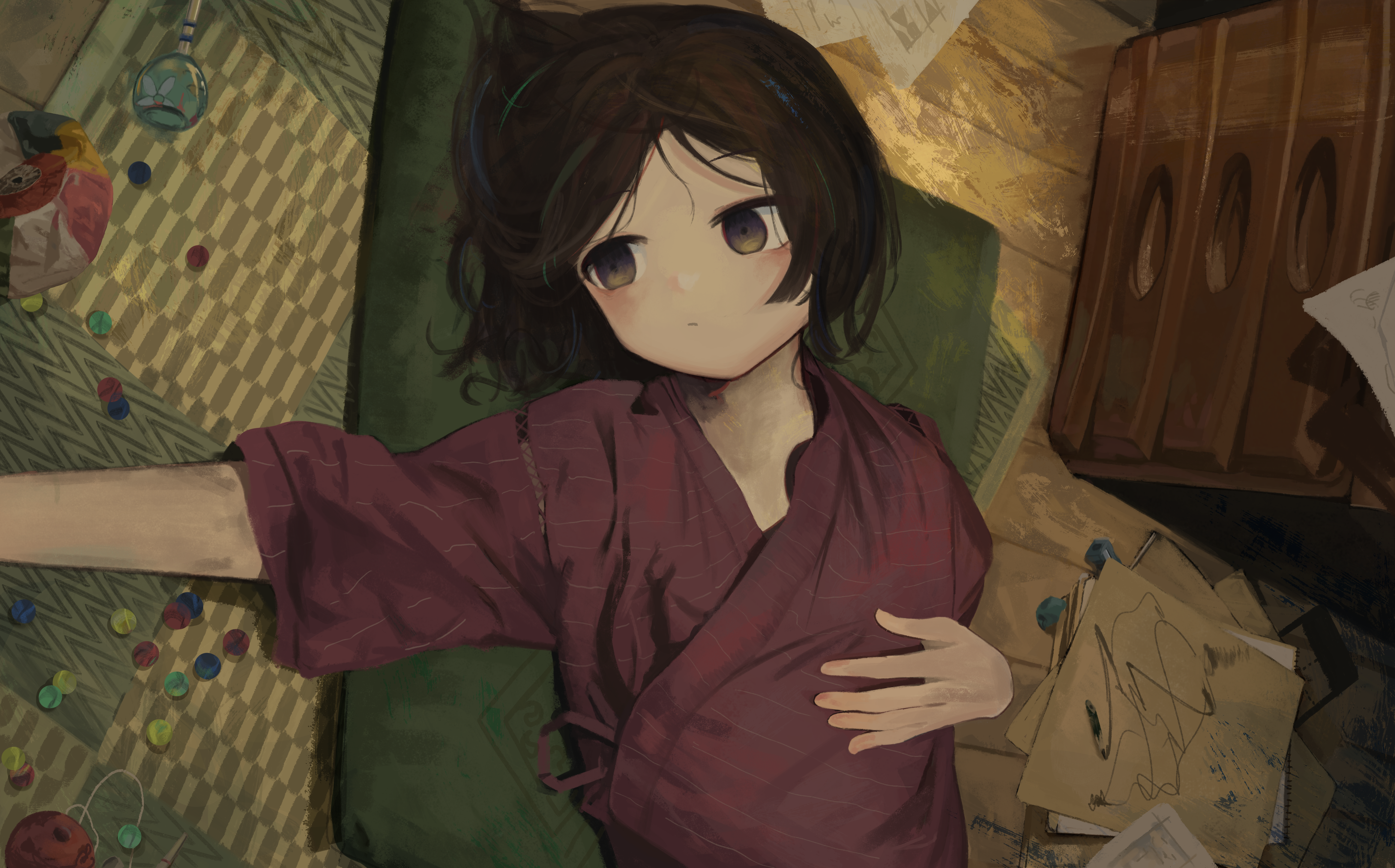 eliot (eokaitekaite969), original, absurdres, highres, 1girl, black hair, brown eyes, cushion, drawing (object), floor, hand on own stomach, japanese clothes, lying, marble (toy), on back, on cushion, paper, pencil, pencil sharpener, short sleeves, tansu (cabinet), upper body, wooden floor