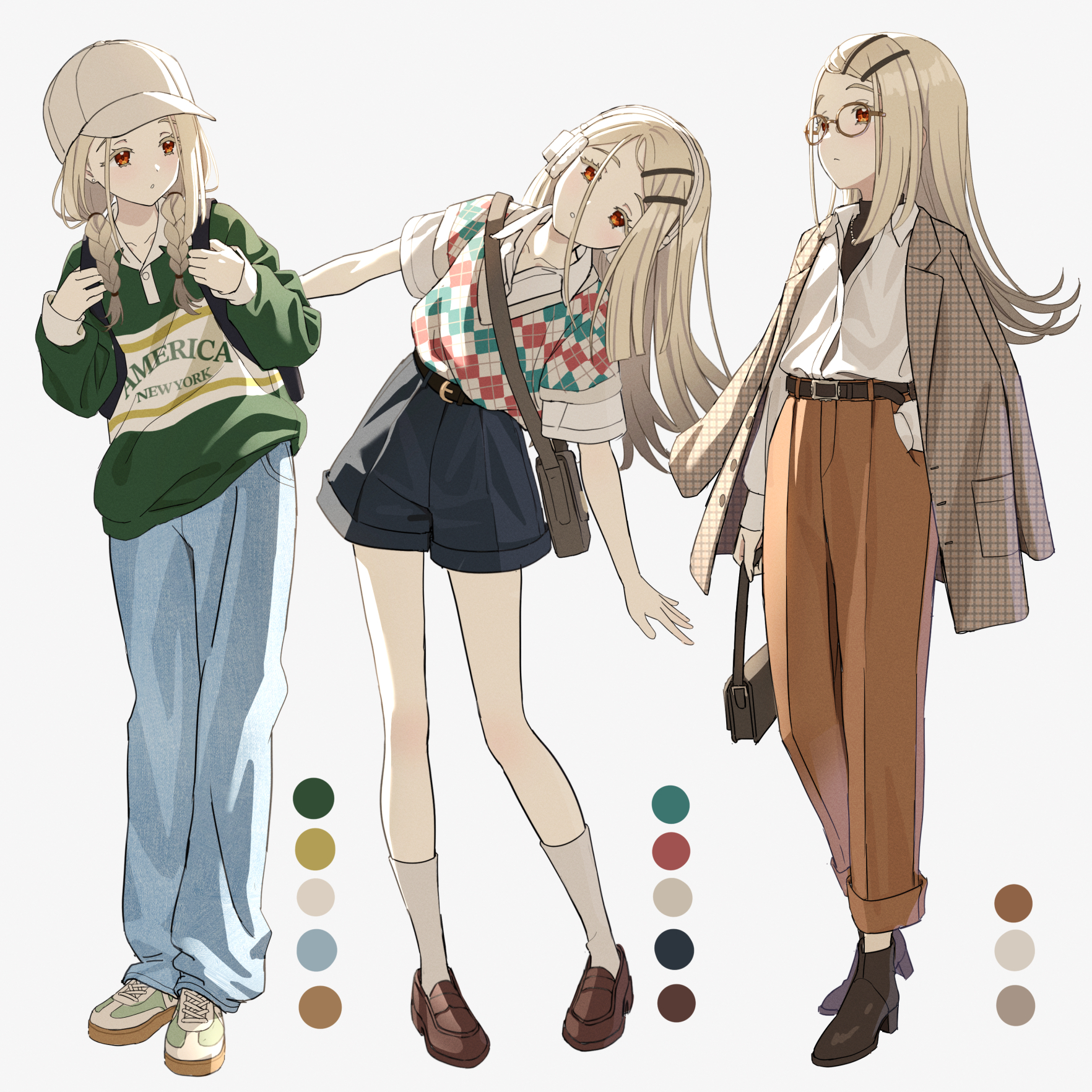 ntn00a, shinosawa hiro, gakuen idolmaster, idolmaster, highres, 1girl, bag, belt, blonde hair, color guide, glasses, green jacket, hair ornament, hat, jacket, long hair, long skirt, looking at viewer, pants, polka dot, red eyes, shirt, shoes, skirt, socks