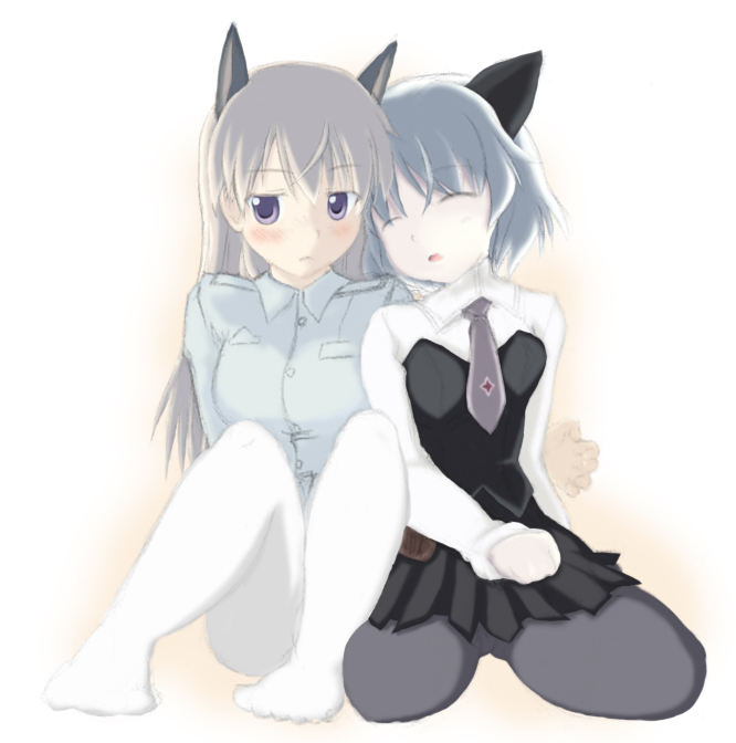 mike (pixiv308753), mikepon (ota office), eila ilmatar juutilainen, sanya v. litvyak, strike witches, world witches series, bad id, bad pixiv id, 00s, 2girls, black pantyhose, blush, couple, multiple girls, pantyhose, white pantyhose, yuri
