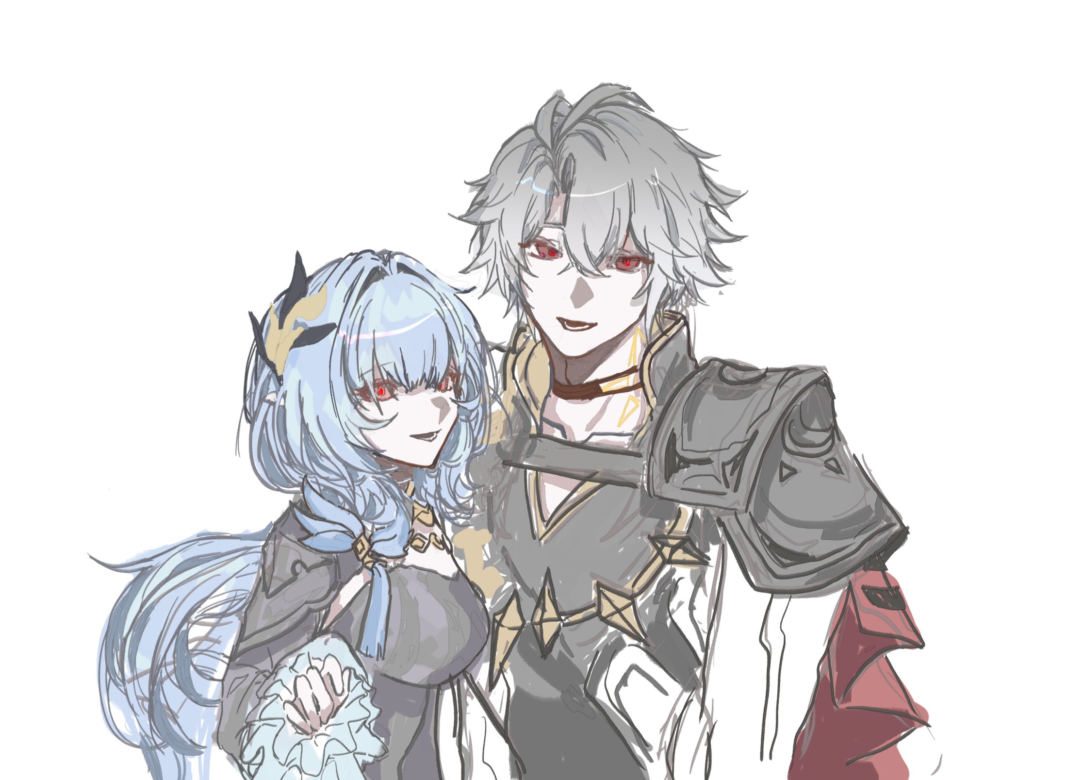 elysia (honkai impact), elysia (miss pink elf) (honkai impact), herrscher of corruption, irontomb, phainon (honkai: star rail), honkai: star rail, honkai (series), honkai impact 3rd, commentary, highres, 1boy, 1girl, ahoge, blue corset, blue eyes, breasts, coat, corset, elf, gold tattoo, grey hair, large breasts, neck tattoo, pointy ears, red eyes, shrug (clothing), simple background, smile, tattoo, white background, white coat, yangyang33556