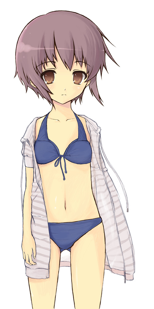 rohto, nagato yuki, suzumiya haruhi no yuuutsu, 00s, 1girl, ayastyle, bikini, blue bikini, coat, female focus, hood, hooded jacket, jacket, open clothes, open coat, open jacket, open shirt, shirt, short hair, solo, swimsuit, wardrobe error