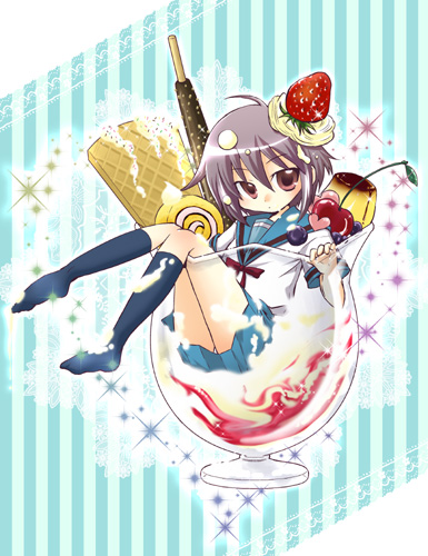 karak nishiki, nagato yuki, suzumiya haruhi no yuuutsu, lowres, 00s, 1girl, cherry, cup, dessert, female focus, food, fruit, ice cream, in container, in cup, kneehighs, mini person, minigirl, no shoes, school uniform, serafuku, short hair, skirt, socks, solo, strawberry, sundae