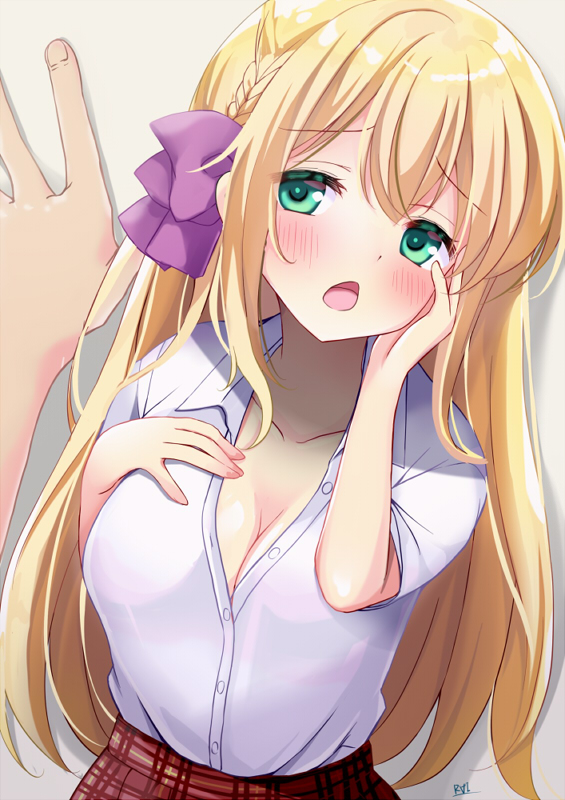 miyamori raira, mochizuki erena, 1boy, 1girl, :o, blonde hair, breasts, cleavage, collarbone, green eyes, hair ornament, hair scrunchie, hand on wall, long hair, plaid clothes, plaid skirt, purple scrunchie, scrunchie, shirt, skirt, standing, white background, white shirt