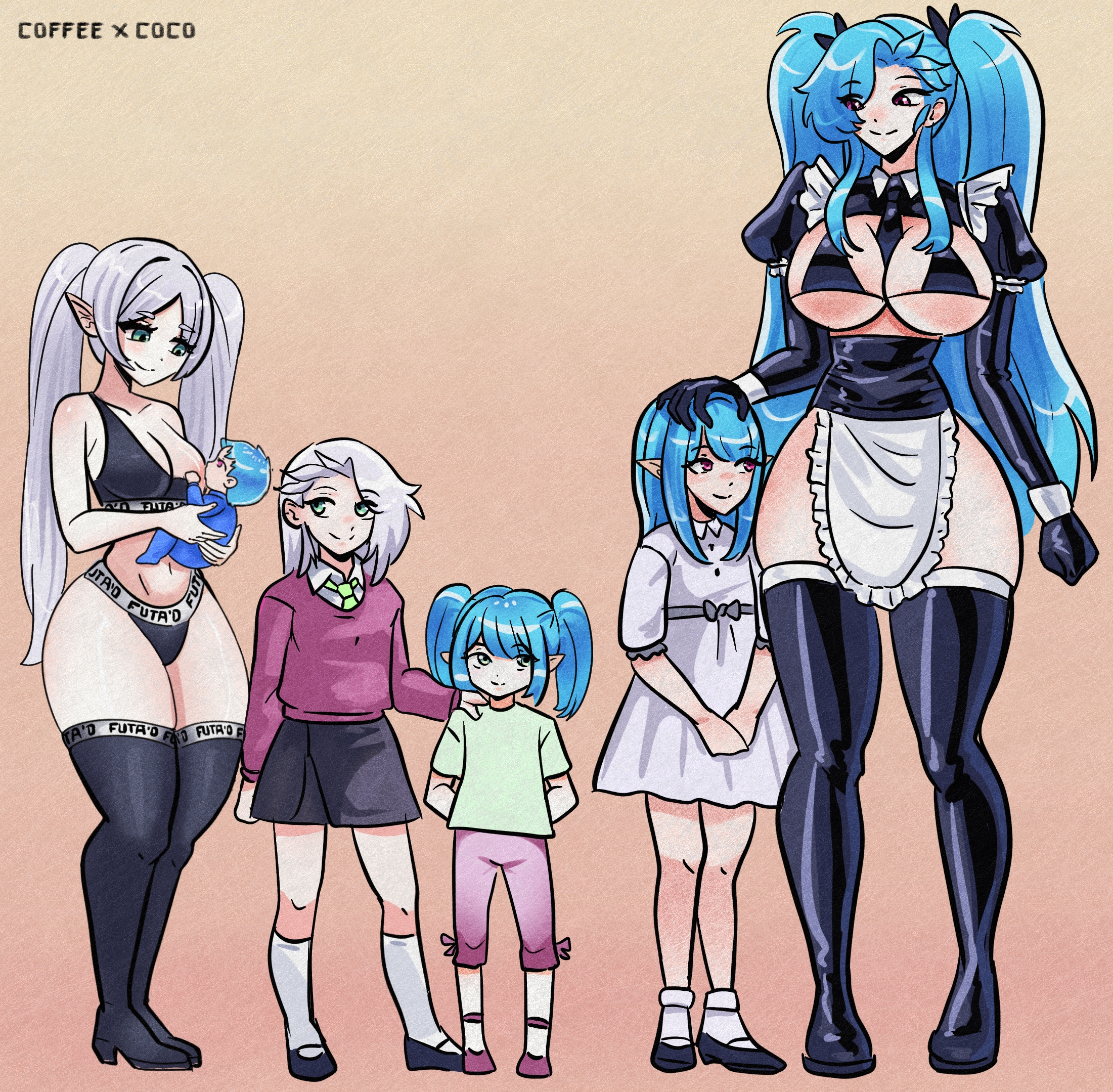 coffeexcoco, akeno(itsnafulol), frieren, sousou no frieren, 1futa, 5girls, alternate breast size (larger), apron, baby, bikini, blue hair, breast sucking, breastfeeding, elf, futa'd, futa with female, futanari, green eyes, hand on another's head, height difference, if they mated, implied futanari, long hair, maid, maid apron, maid bikini, maid headdress, mother and daughter, multiple girls, pink eyes, pointy ears, size difference, thick thighs, thighhighs, thighs, twintails, unconventional maid, white hair, wide hips