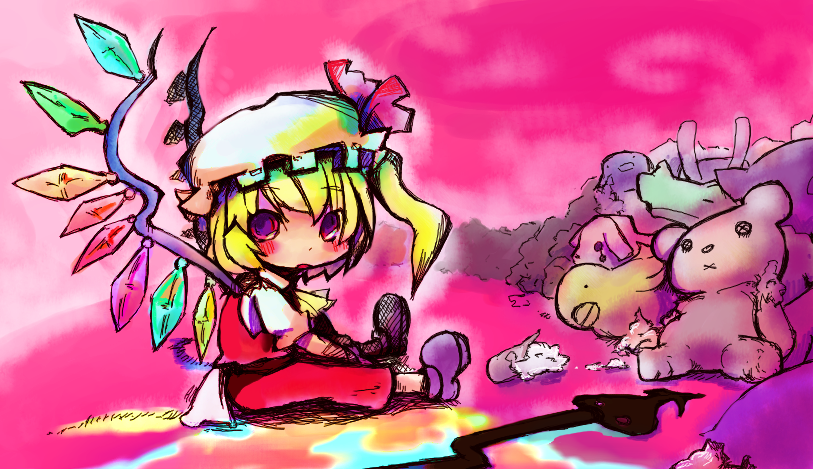 luft (luft dokka), flandre scarlet, touhou, 1girl, ascot, blonde hair, blush, chibi, crystal, demon tail, dress, female focus, full body, hat, laevatein, looking at viewer, mob cap, pink theme, red dress, red eyes, solo, stick, stuffed animal, stuffed toy, tail, teddy bear