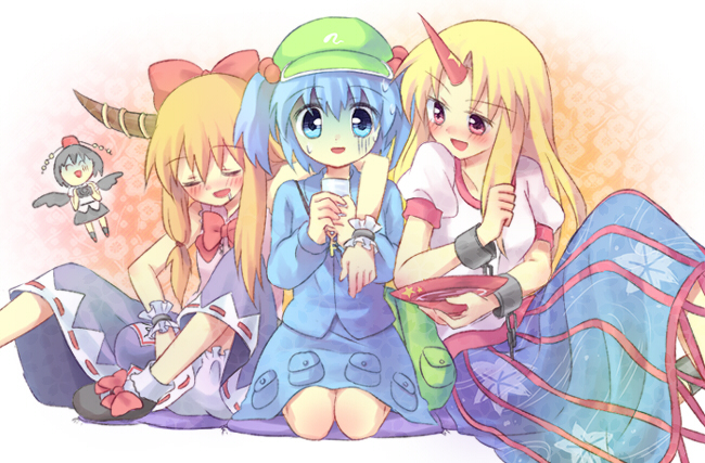 kuguri oimo, hoshiguma yuugi, ibuki suika, kawashiro nitori, shameimaru aya, touhou, 4girls, drunk, female focus, hat, horns, multiple girls, single horn, two side up