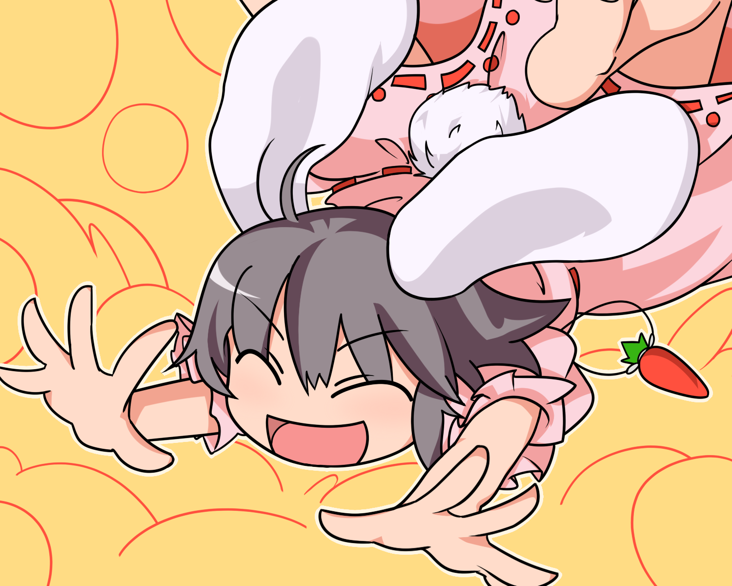 iyau, inaba tewi, touhou, highres, 1girl, :d, ^ ^, animal ears, black hair, blush, carrot, closed eyes, dress, fallen down, female focus, open mouth, outstretched arms, pink dress, puffy short sleeves, puffy sleeves, rabbit ears, short sleeves, smile, solo, upper body