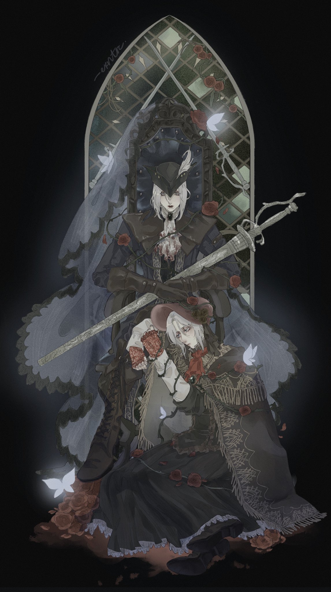 hunter (bloodborne), plain doll, bloodborne, highres, 2girls, ascot, black background, black cloak, black dress, black gloves, black hat, black jacket, bonnet, butterfly on shoulder, chain, cloak, dress, exntrc, flower, full body, gloves, hair between eyes, hat, hat feather, holding, holding sword, holding weapon, jacket, medium hair, multiple girls, pale skin, parted bangs, red ascot, red flower, red rose, rose, sitting, sword, tricorne, weapon, white ascot, white hair