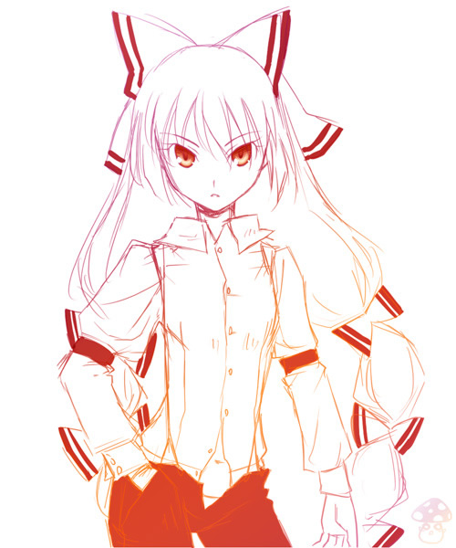 buchiko, fujiwara no mokou, touhou, 1girl, female focus, monochrome, orange theme, red theme, sketch, solo