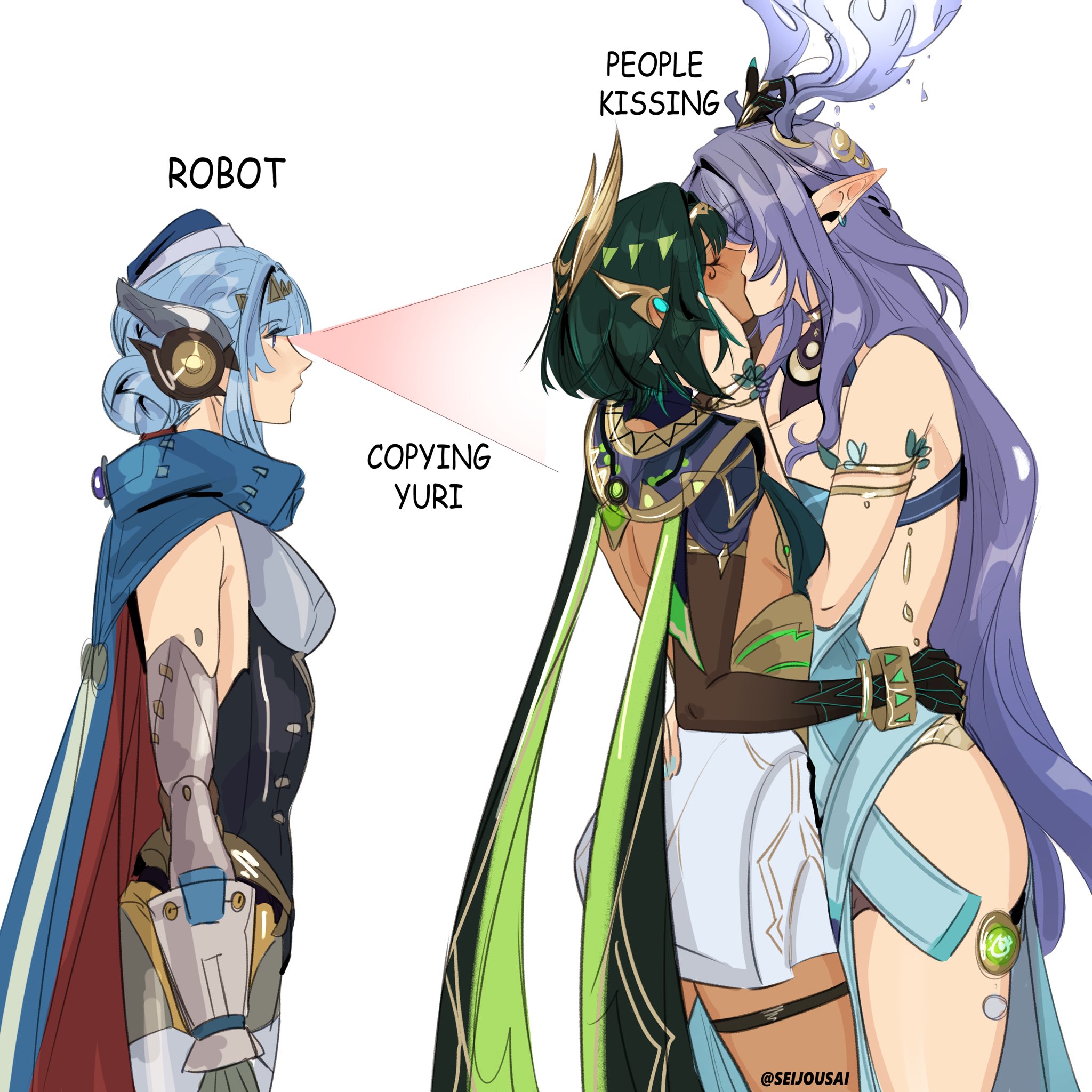 seijousai, ineffa (genshin impact), lauma (genshin impact), nefer (genshin impact), genshin impact, commentary, english commentary, highres, 3girls, bare arms, black gloves, blue cape, blue leotard, blush, cape, closed eyes, dark-skinned female, dark skin, elbow gloves, english text, gloves, green hair, hand on another's face, kiss, leotard, long hair, multiple girls, pointy ears, purple hair, simple background, skirt, thigh strap, white background, white skirt, yuri