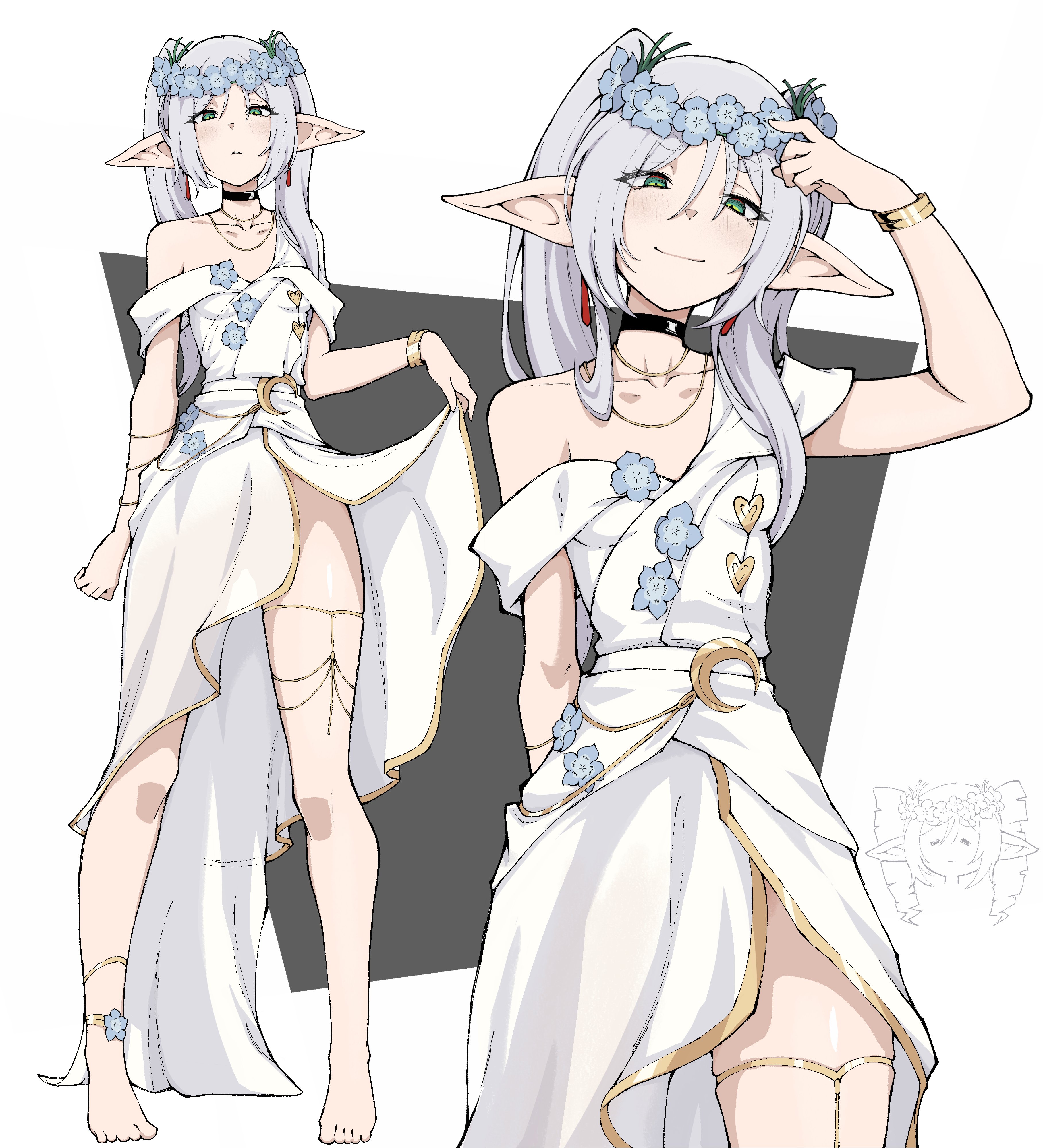 kekel, frieren, sousou no frieren, absurdres, commentary, english commentary, highres, 1girl, = =, anklet, barefoot, blue flower, blush, bracelet, chibi, chibi inset, choker, collarbone, crescent, dress, earrings, elf, flower, flower anklet, gold necklace, gold trim, green eyes, half-closed eyes, head wreath, jewelry, light frown, long pointy ears, looking at viewer, multiple views, necklace, off-shoulder dress, off shoulder, parted lips, pointy ears, ringlets, simple background, smile, teardrop earrings, thighlet, twintails, white background, white dress