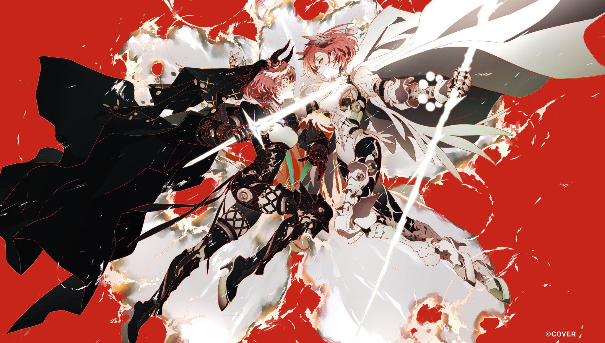 solani, takane lui, hololive, commentary, highres, official art, 2girls, armor, black bodysuit, black boots, black cape, black thighhighs, black veil, black vs white, bodysuit, boots, breasts, cape, copyright notice, couter, demon horns, dual persona, fighting stance, floating cape, framed breasts, gauntlets, greaves, head wings, high heel boots, high heels, holding, holding polearm, holding sword, holding weapon, horns, juliet sleeves, leotard, long sleeves, looking at another, medium breasts, multiple girls, orange eyes, pink hair, pink wings, polearm, puffy sleeves, red background, short hair, sword, thigh boots, thighhighs, veil, virtual youtuber, weapon, white cape, white leotard, wings