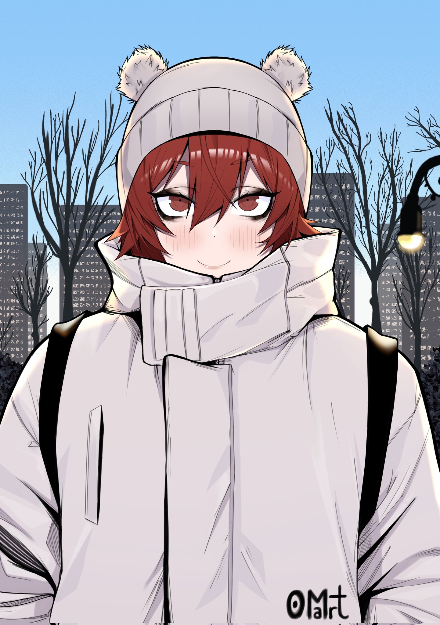 aizawa tomo, tomo-chan wa onna no ko, commentary request, corrupted twitter file, highres, 1girl, artist name, bare tree, black bag, black eyeshadow, blue sky, blush, cityscape, closed mouth, dot nose, eyelashes, eyeshadow, hair between eyes, hat, hat with ears, jacket, lamppost, looking at viewer, makeup, oomartm, outdoors, red eyes, red hair, short hair, signature, sky, smile, solo, spanish commentary, tomboy, tree, upper body, white hat, white jacket, winter clothes
