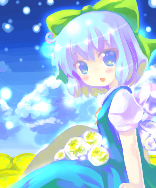 23, 23 (candy chapus), cirno, shoot the bullet, touhou, 1girl, :d, ahoge, blue dress, blue eyes, blue hair, blush, bow, cloud, day, dress, female focus, flat chest, from side, glowing, hair bow, ice, ice wings, light particles, matching hair/eyes, mountain, neck ribbon, no nose, open mouth, outdoors, puffy sleeves, ribbon, short sleeves, sitting, sky, smile, solo, wings