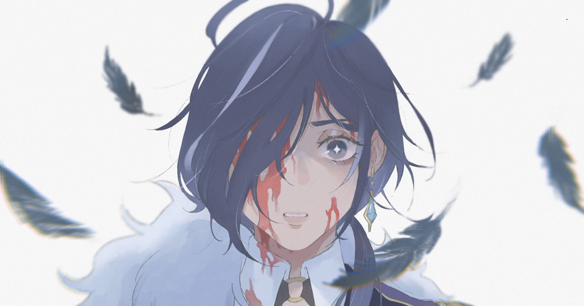kaeya (genshin impact), genshin impact, highres, 1boy, ahoge, black feathers, blood, blood in hair, blood on face, blue hair, collared shirt, earrings, exntrc, falling feathers, feathers, hair over one eye, hair over shoulder, jewelry, looking at viewer, low ponytail, male focus, parted lips, ponytail, shirt, short hair with long locks, solo, upper body, white fur, white shirt, wide-eyed