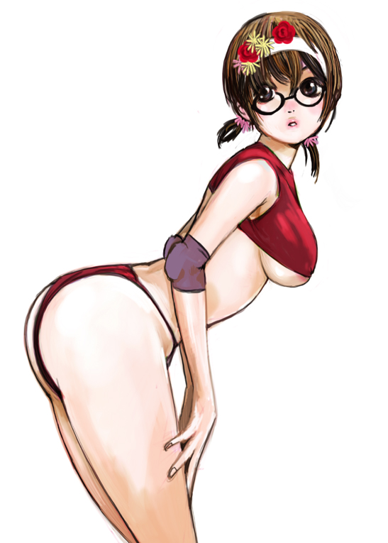 kazaana, original, 1girl, ass, bent over, breasts, brown eyes, brown hair, elbow pads, female focus, glasses, hairband, large breasts, leaning forward, short hair, solo, twintails, underboob