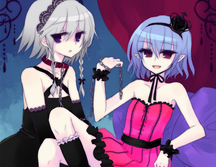 yatosaki haru, izayoi sakuya, remilia scarlet, touhou, silver hair, 2girls, blue hair, braid, chain, chain leash, crown, dress, female focus, indoors, leash, multiple girls, pointy ears, twin braids