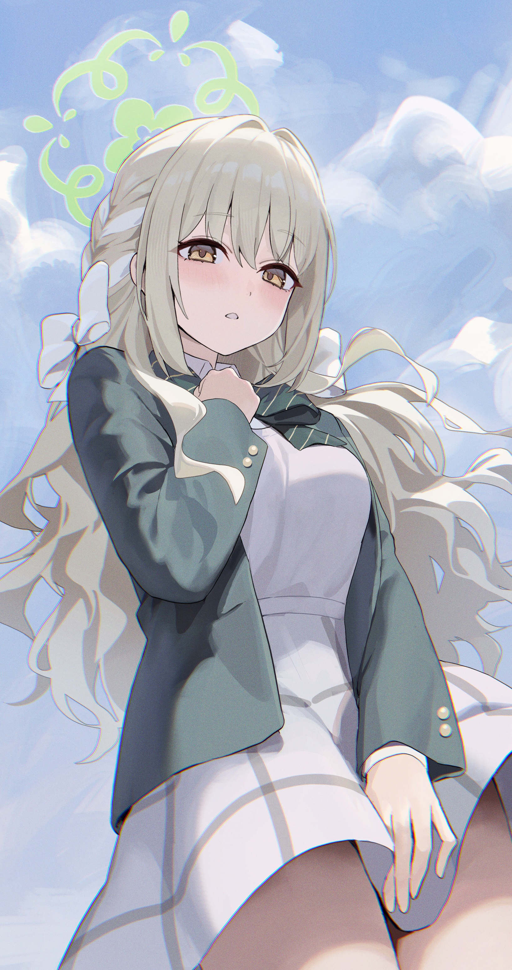 tem (tempainting1), miyo (blue archive), blue archive, absurdres, highres, 1girl, blonde hair, blush, bow, braid, diagonal-striped bow, from below, green bow, green halo, green jacket, hair between eyes, hair bow, halo, jacket, long hair, looking at viewer, parted lips, shirt, sidelocks, skirt, solo, striped bow, white bow, white shirt, white skirt, yellow eyes