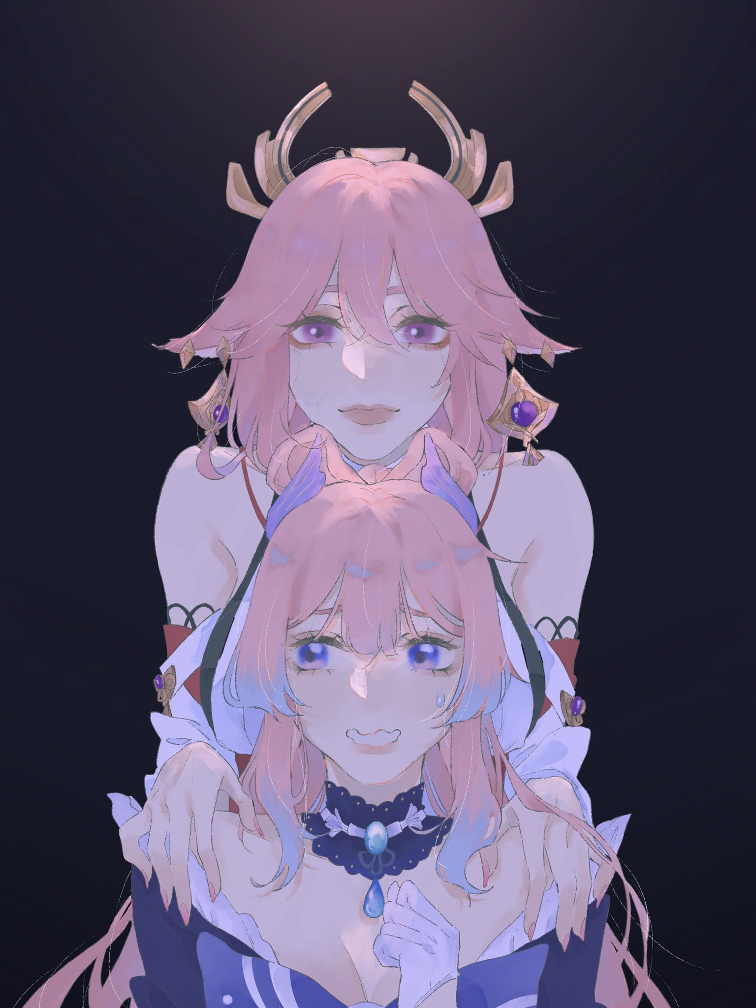 sangonomiya kokomi, yae miko, genshin impact, highres, 2girls, animal earrings, animal ears, bare shoulders, black background, blue eyes, bow-shaped hair, breasts, choker, cleavage, closed mouth, detached sleeves, exntrc, fox ears, gloves, hair between eyes, half gloves, hands on another's shoulders, lace-trimmed choker, lace trim, medium breasts, multiple girls, nervous smile, nontraditional miko, pendant choker, pink hair, purple eyes, sidelocks, smile, sweatdrop, upper body, wavy mouth, white gloves, yuri