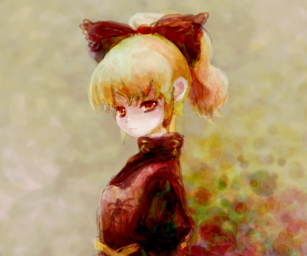 katari, kurodani yamame, touhou, 1girl, blonde hair, brown eyes, expressionless, female focus, orange eyes, ponytail, profile, ribbon, short hair, solo