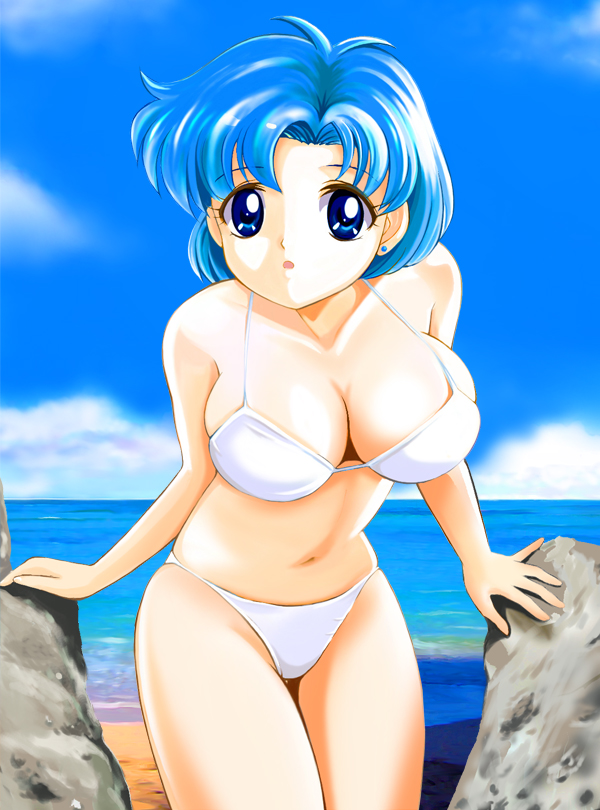 pirochi, mizuno ami, bishoujo senshi sailor moon, 1990s (style), 1girl, :o, beach, bikini, blue eyes, blue hair, breasts, cleavage, day, earrings, female focus, jewelry, large breasts, navel, ocean, outdoors, retro artstyle, short hair, skindentation, solo, swimsuit, thigh gap, water, white bikini