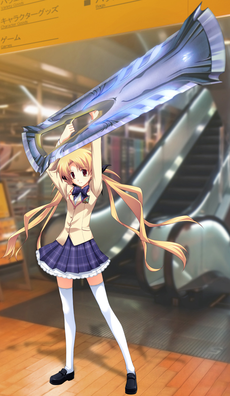 orihara kozue, chaos;head, science adventure, highres, non-web source, 00s, 1girl, blonde hair, brown eyes, female focus, hair ornament, long hair, miniskirt, ribbon, school uniform, serafuku, skirt, solo, thighhighs, twintails, weapon, zettai ryouiki