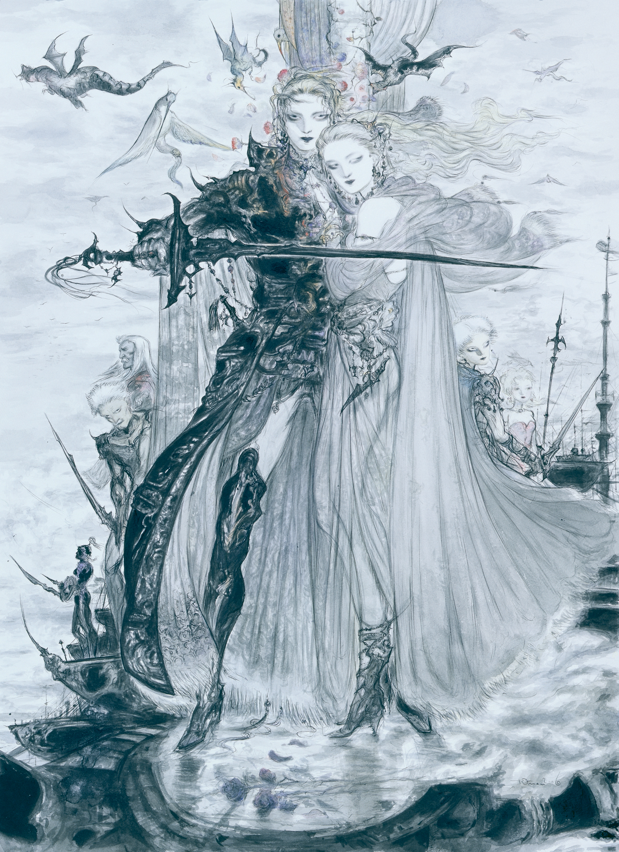 amano yoshitaka, bartz klauser, cid previa, dorgann klauser, faris scherwiz, galuf halm baldesion, krile mayer baldesion (ff5), lenna charlotte tycoon, final fantasy, final fantasy v, square enix, 1980s (style), absurdres, highres, official art, 1990s (style), 3boys, 3girls, androgynous, armor, bird, cape, flower, hug, monster, multiple boys, multiple girls, oldschool, pirate, retro artstyle, reverse trap, rose, ship, siblings, sisters, sword, watercraft, weapon