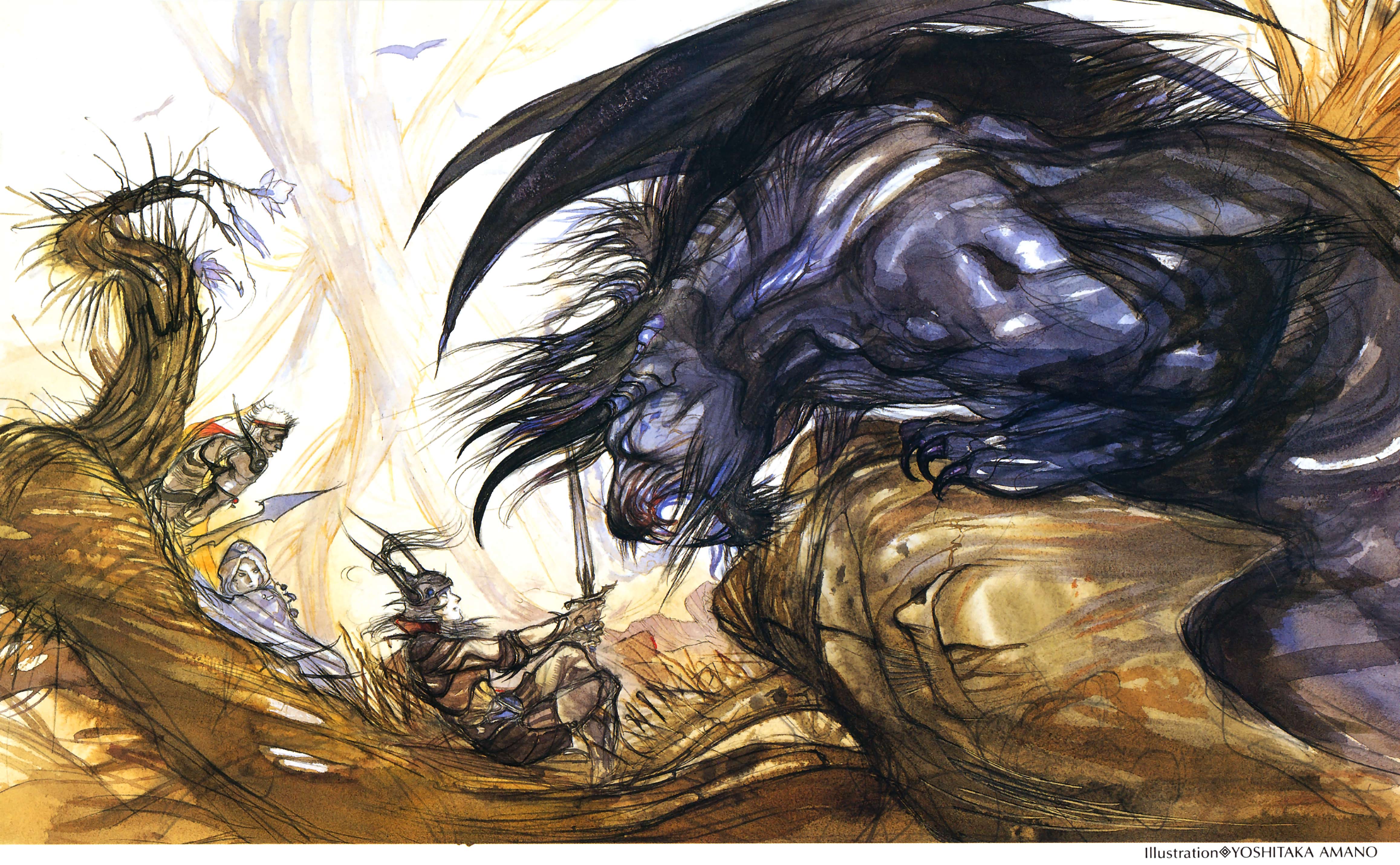 amano yoshitaka, warrior of light (ff1), white mage (final fantasy), final fantasy, final fantasy i, square enix, absurdres, highres, official art, 1990s (style), 1girl, 2boys, armor, behemoth, cloak, fangs, helmet, monster, multiple boys, polearm, retro artstyle, robe, spear, sword, weapon