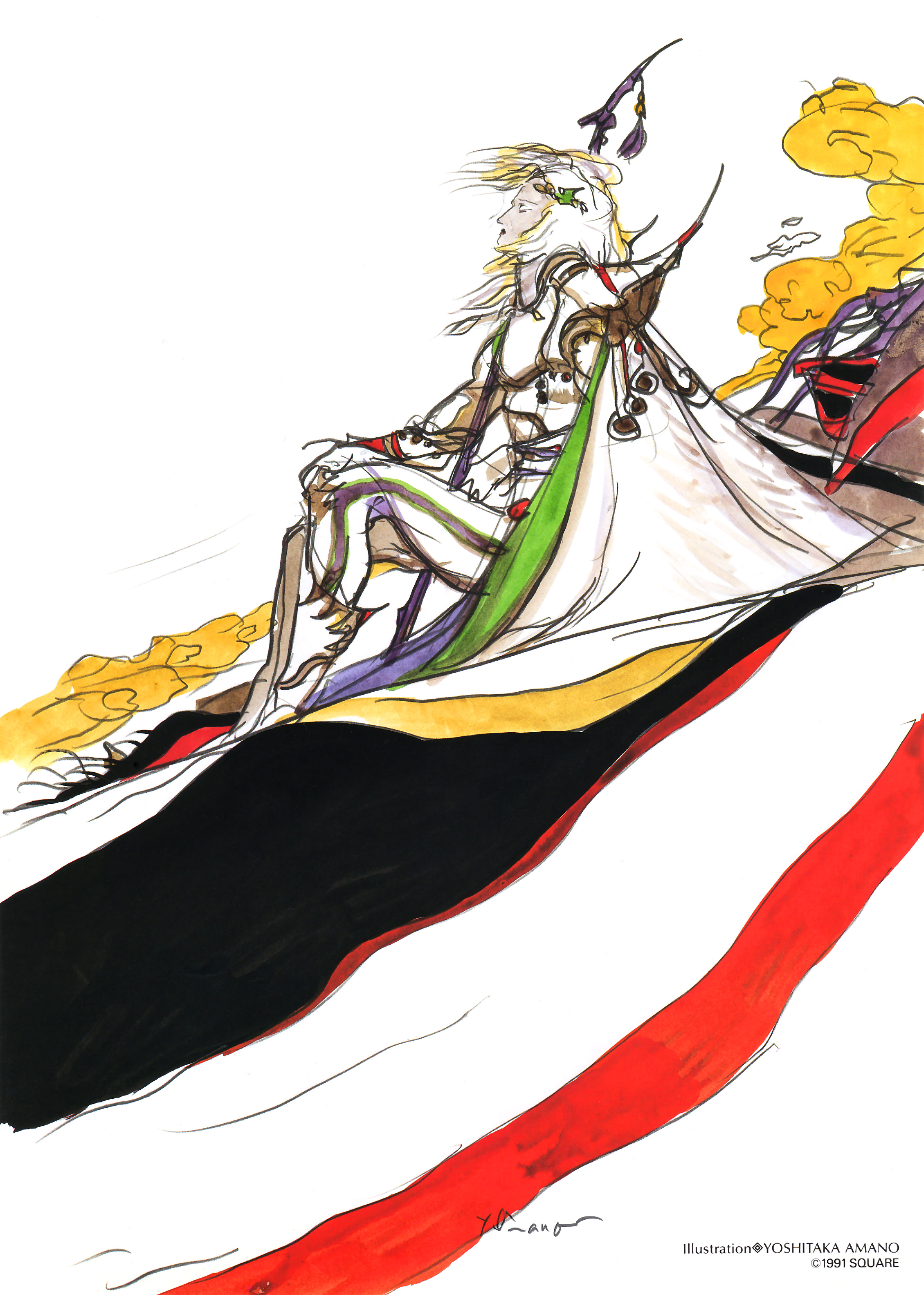 amano yoshitaka, cecil harvey, paladin (final fantasy), final fantasy, final fantasy iv, absurdres, highres, official art, 1990s (style), 1boy, armor, cape, male focus, paladin, retro artstyle, sitting, solo, white hair