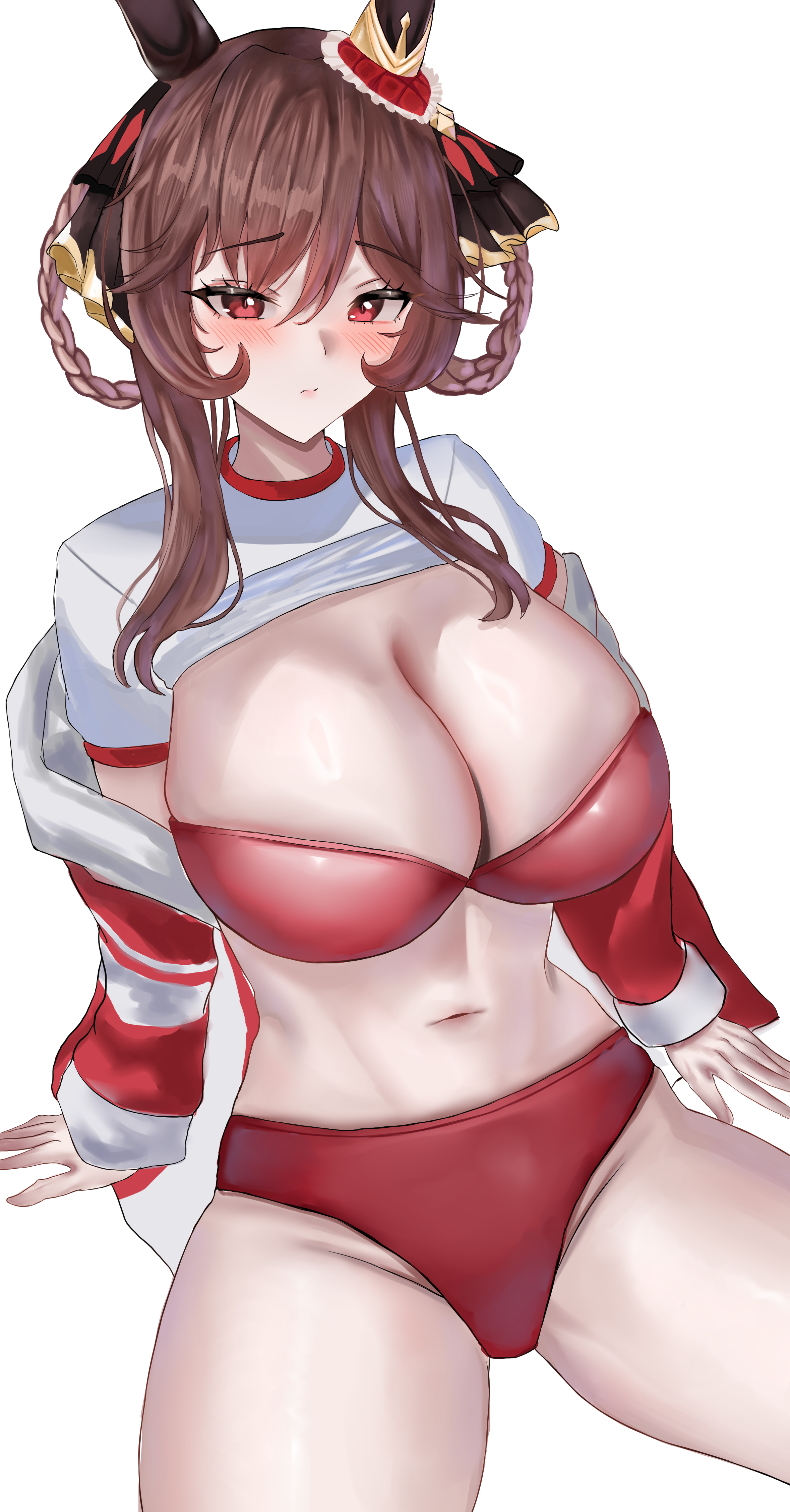 coffeepls777, gentildonna (umamusume), umamusume, absurdres, highres, 1girl, animal ears, braid, braided hair rings, ear covers, gym uniform, hair rings, heart-shaped ornament, heart ear ornament, horse ears, horse girl, horse tail, simple background, solo, tail, white background