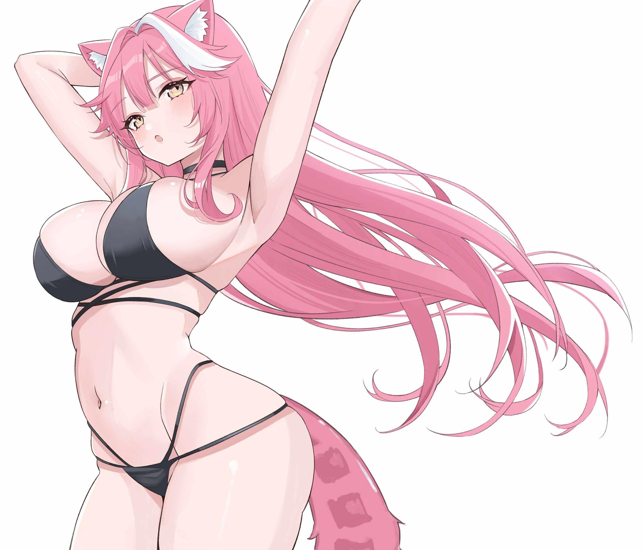 dreamoon, raora panthera, hololive, hololive english, commentary, highres, 1girl, animal ear fluff, animal ears, arm behind head, armpits, arms up, bikini, black bikini, black choker, breasts, center-flap bangs, choker, cleavage, double-parted bangs, extra ears, floating hair, groin, large breasts, long hair, looking at viewer, multi-strapped bikini bottom, multi-strapped bikini top, multicolored hair, navel, open mouth, outstretched arm, panther ears, panther girl, panther tail, pink hair, sidelocks, simple background, solo, stomach, streaked hair, swimsuit, tail, very long hair, virtual youtuber, white background, white streaks, yellow eyes