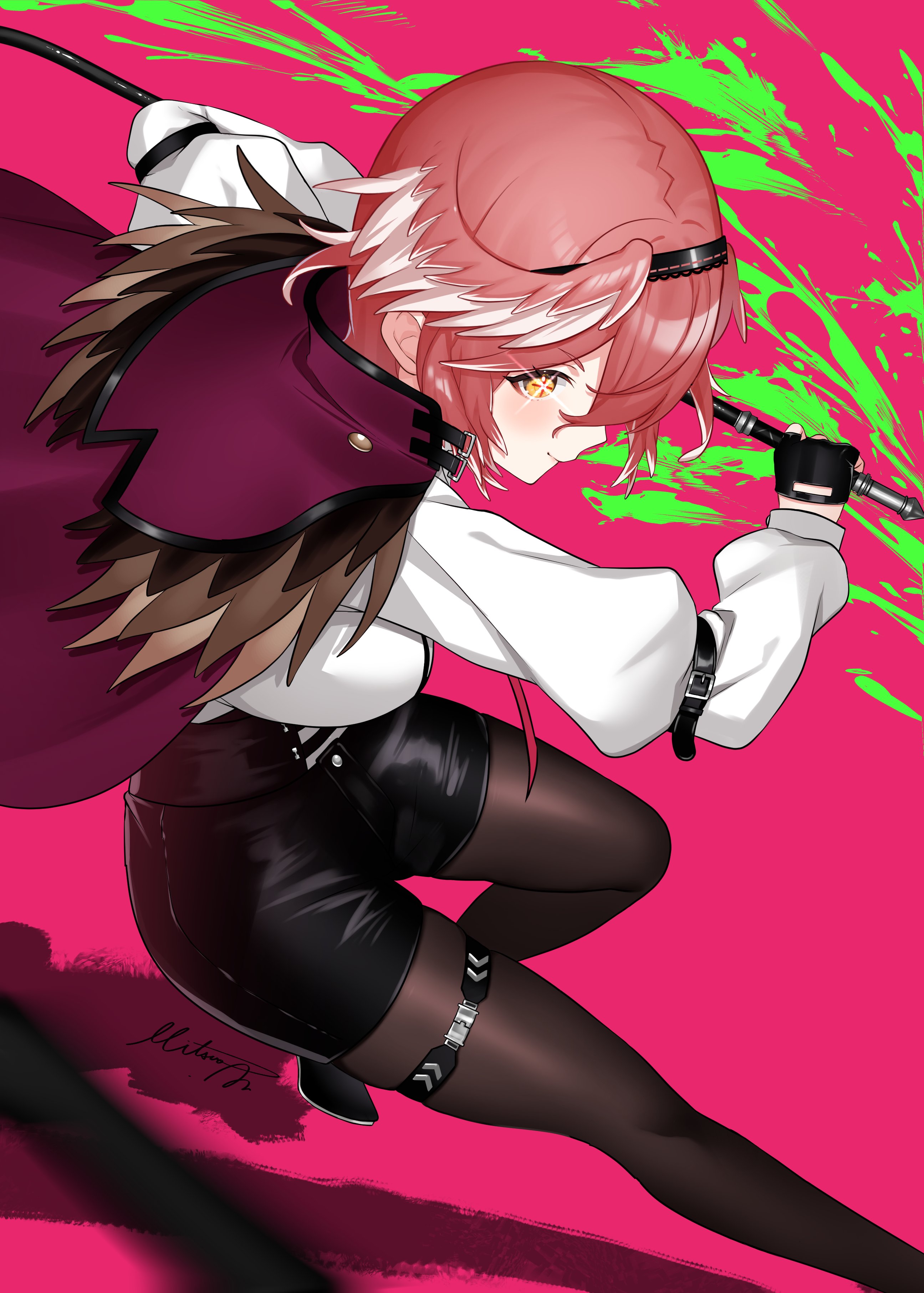 bansyono-mamoribito, takane lui, takane lui (1st costume), hololive, absurdres, hashtag-only commentary, highres, 1girl, arm belt, black gloves, black hairband, black pantyhose, black shorts, blush, buckle, fingerless gloves, from side, gloves, glowing, glowing eye, hair between eyes, hairband, half gloves, head wings, holding, holding whip, long sleeves, looking at viewer, paint splatter, pantyhose, pink background, pink hair, shirt, short hair, shorts, signature, snap-fit buckle, solo, thigh strap, virtual youtuber, white shirt, wings