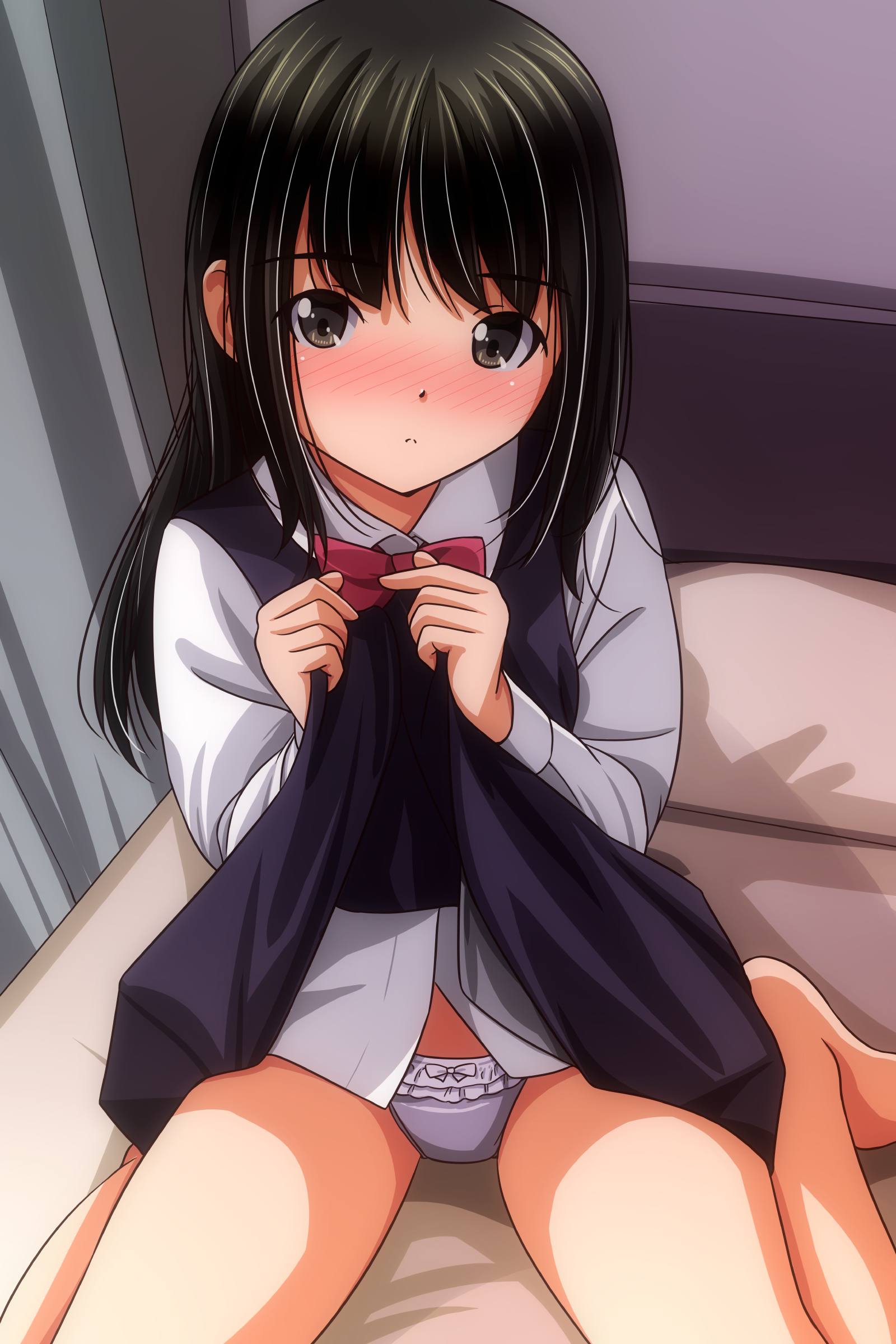matsunaga kouyou, original, absurdres, commentary request, highres, 1girl, black hair, blush, bow, brown eyes, clothes lift, dress, dress lift, lifting own clothes, long hair, long sleeves, looking at viewer, nose blush, panties, shirt, sitting, sleeveless, sleeveless dress, solo, underwear, wariza, white shirt