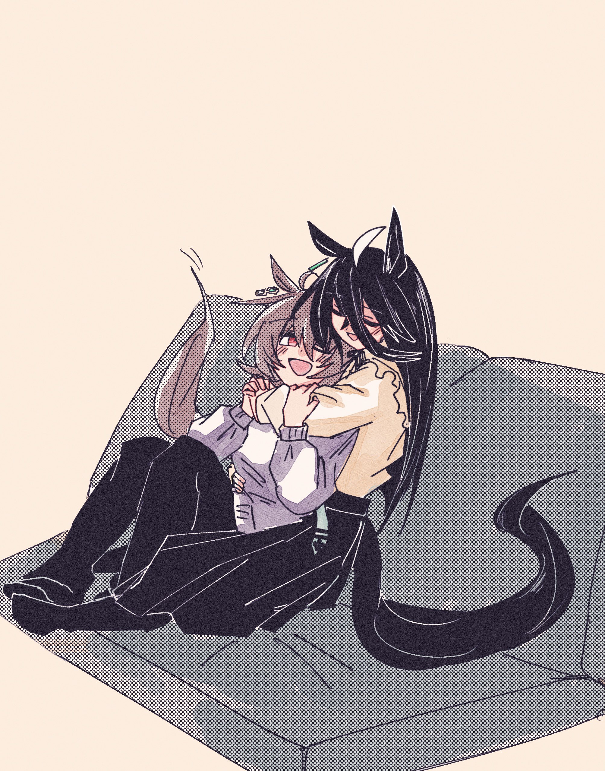 gachitamago, agnes tachyon (umamusume), manhattan cafe (umamusume), umamusume, absurdres, commentary request, highres, 2girls, animal ears, arm around neck, black hair, black pants, black skirt, blush, brown hair, closed eyes, couch, horse ears, horse girl, horse tail, hug, hug from behind, long sleeves, medium hair, multiple girls, on couch, open mouth, pants, purple sweater, red eyes, shirt, simple background, skirt, smile, sweater, tail, yellow background, yellow shirt, yuri