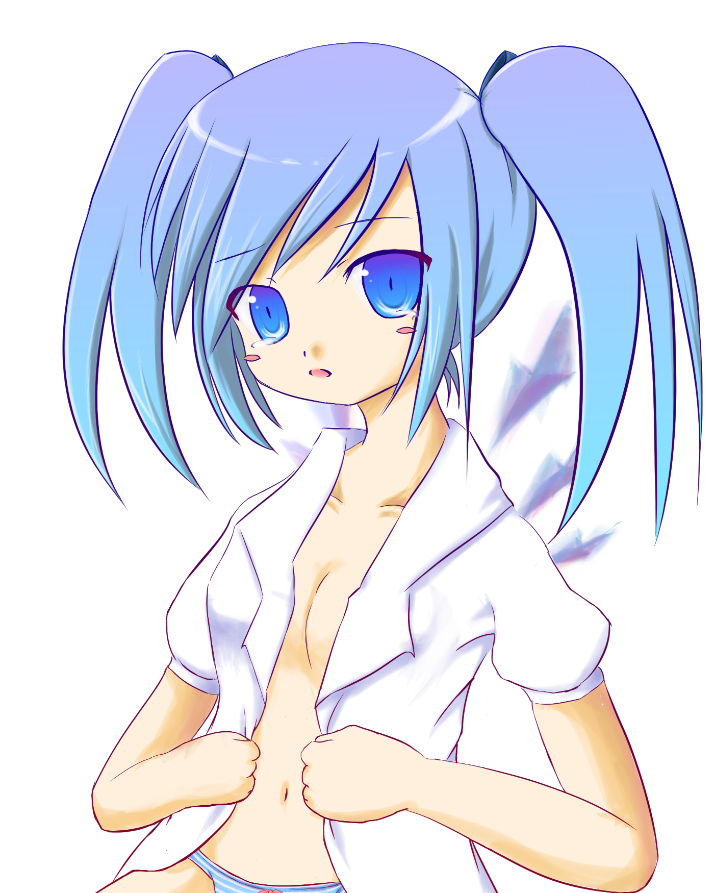 yamasaki tomoya, cirno, touhou, highres, 1girl, alternate hairstyle, blue hair, female focus, navel, panties, shirt, solo, tears, transparent background, twintails, underwear
