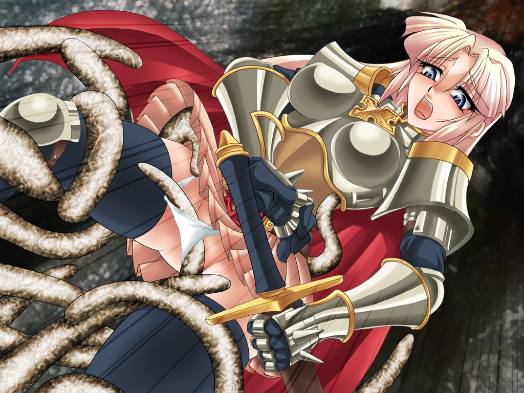 ootsuki wataru, lord knight (ragnarok online), ragnarok online, 1girl, armor, armored dress, blush, breasts, clothes lift, dress, imminent rape, medium breasts, panties, panty pull, pink hair, restrained, skirt, skirt lift, tentacles, underwear