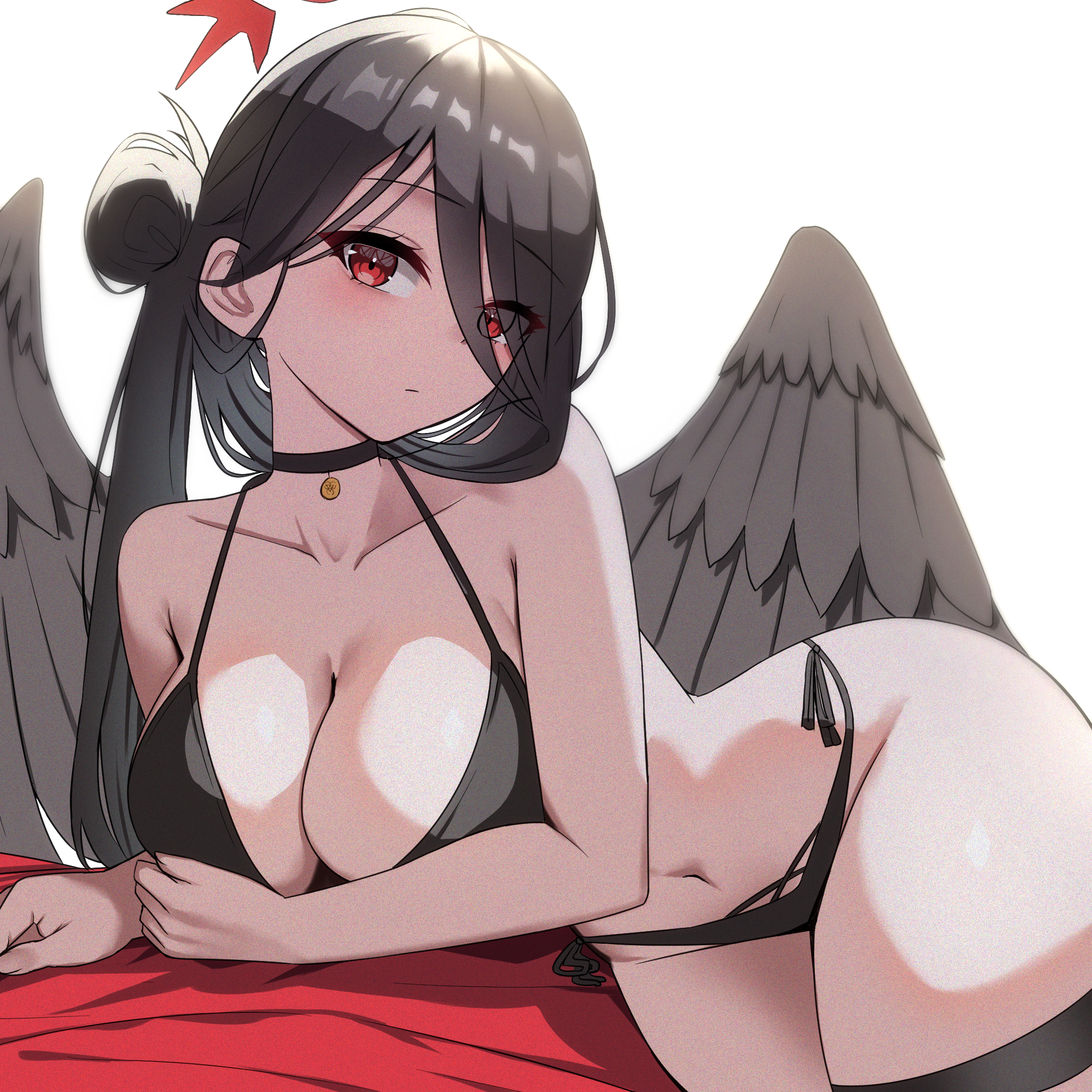 kiui (dagk8254), hasumi (blue archive), hasumi (swimsuit) (blue archive), blue archive, highres, 1girl, bikini, black bikini, black choker, black wings, breasts, choker, collarbone, feathered wings, hair bun, halo, large breasts, looking at viewer, navel, official alternate costume, red eyes, simple background, single side bun, solo, stomach, swimsuit, thigh strap, white background, wings