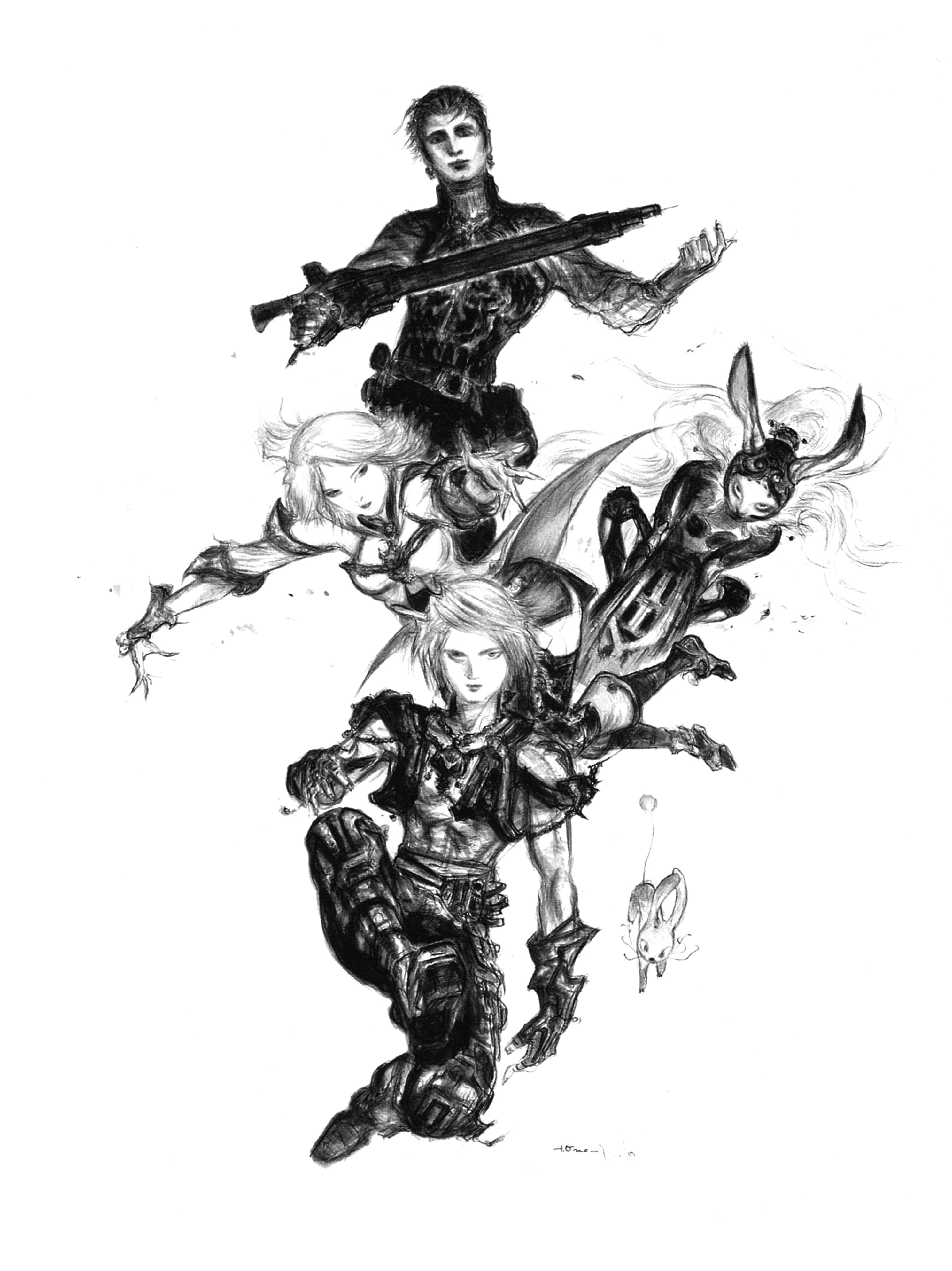 amano yoshitaka, ashelia b'nargin dalmasca, balflear, fran (ff12), vaan (ff12), final fantasy, final fantasy xii, ivalice alliance, absurdres, highres, official art, 00s, 2boys, 2girls, animal ears, armor, greyscale, gun, long hair, monochrome, multiple boys, multiple girls, rabbit, rabbit ears, short hair, simple background, viera, weapon