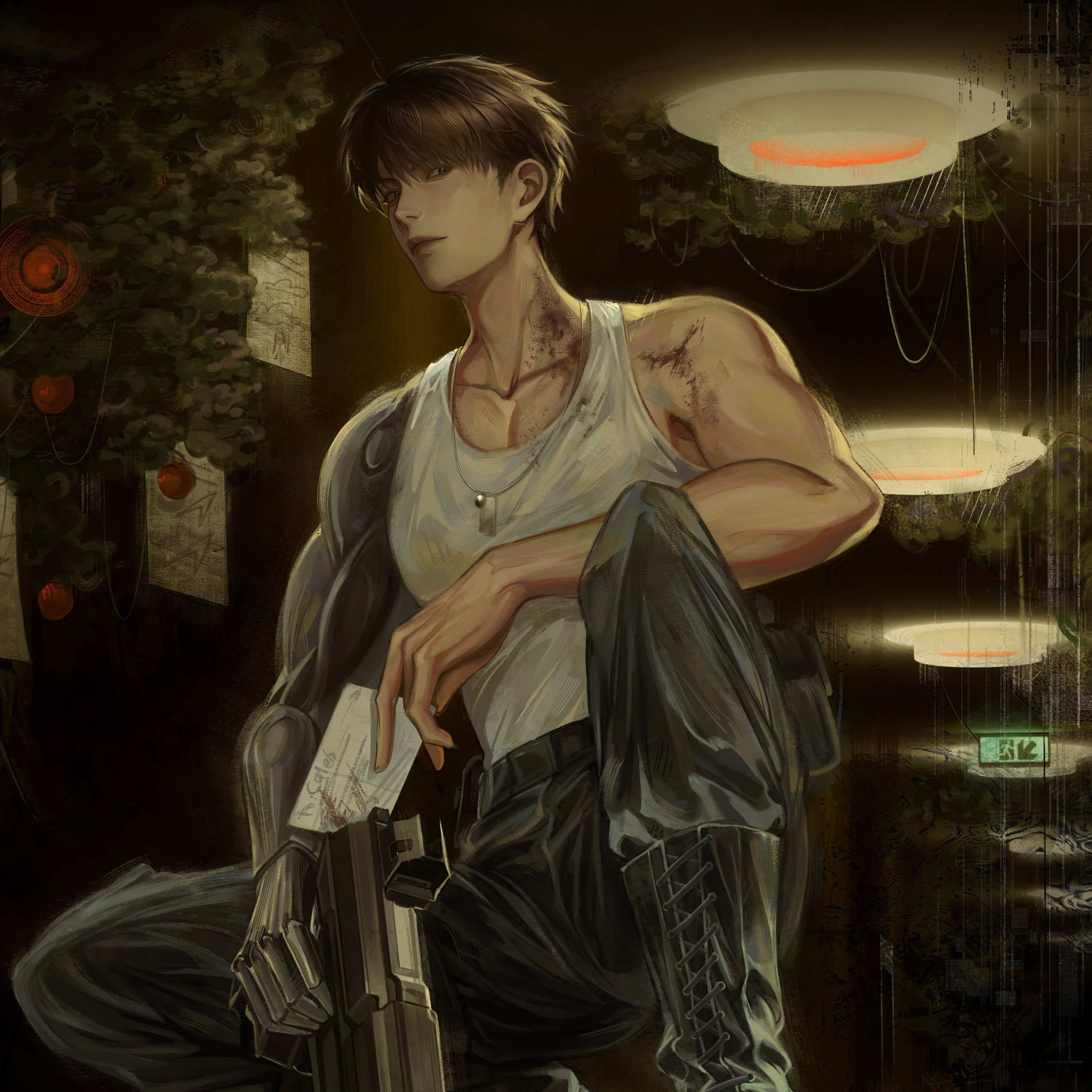 meylish, caleb (love and deepspace), love and deepspace, absurdres, commentary, english commentary, highres, 1boy, bare arms, black boots, black hair, black pants, boots, closed mouth, collarbone, dog tags, emergency exit, exit sign, feet out of frame, gun, hair between eyes, holding, holding gun, holding paper, holding weapon, jewelry, looking at viewer, male focus, mechanical arms, necklace, pants, paper, short hair, single mechanical arm, solo, squatting, tank top, toned, toned male, weapon, white tank top
