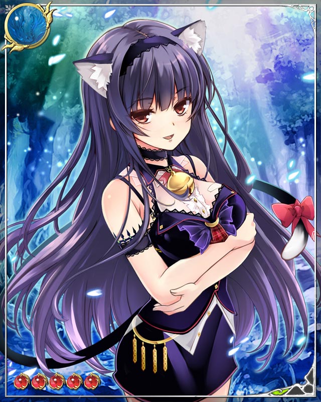 kagurazaka saya, girlfriend (kari), tenkuu no crystalia, artist request, official art, animal ears, bare shoulders, bell, blue background, bow, card (medium), cat ears, closed mouth, collar, crossed arms, crossover, day, dress, forest, long hair, looking at viewer, nature, outdoors, purple bow, purple dress, purple hair, red eyes, smile, standing