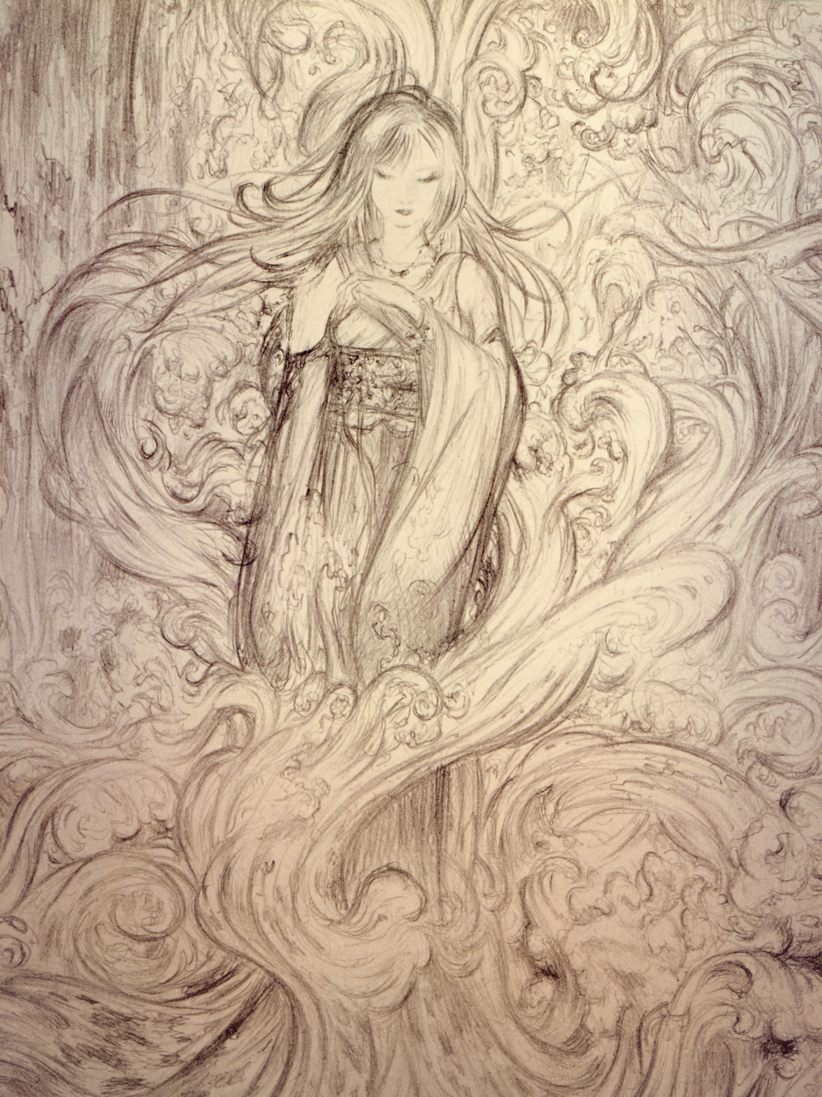 amano yoshitaka, yuna, yuna (ff10), final fantasy, final fantasy x, highres, official art, 00s, 1girl, female focus, japanese clothes, jewelry, monochrome, necklace, solo, water