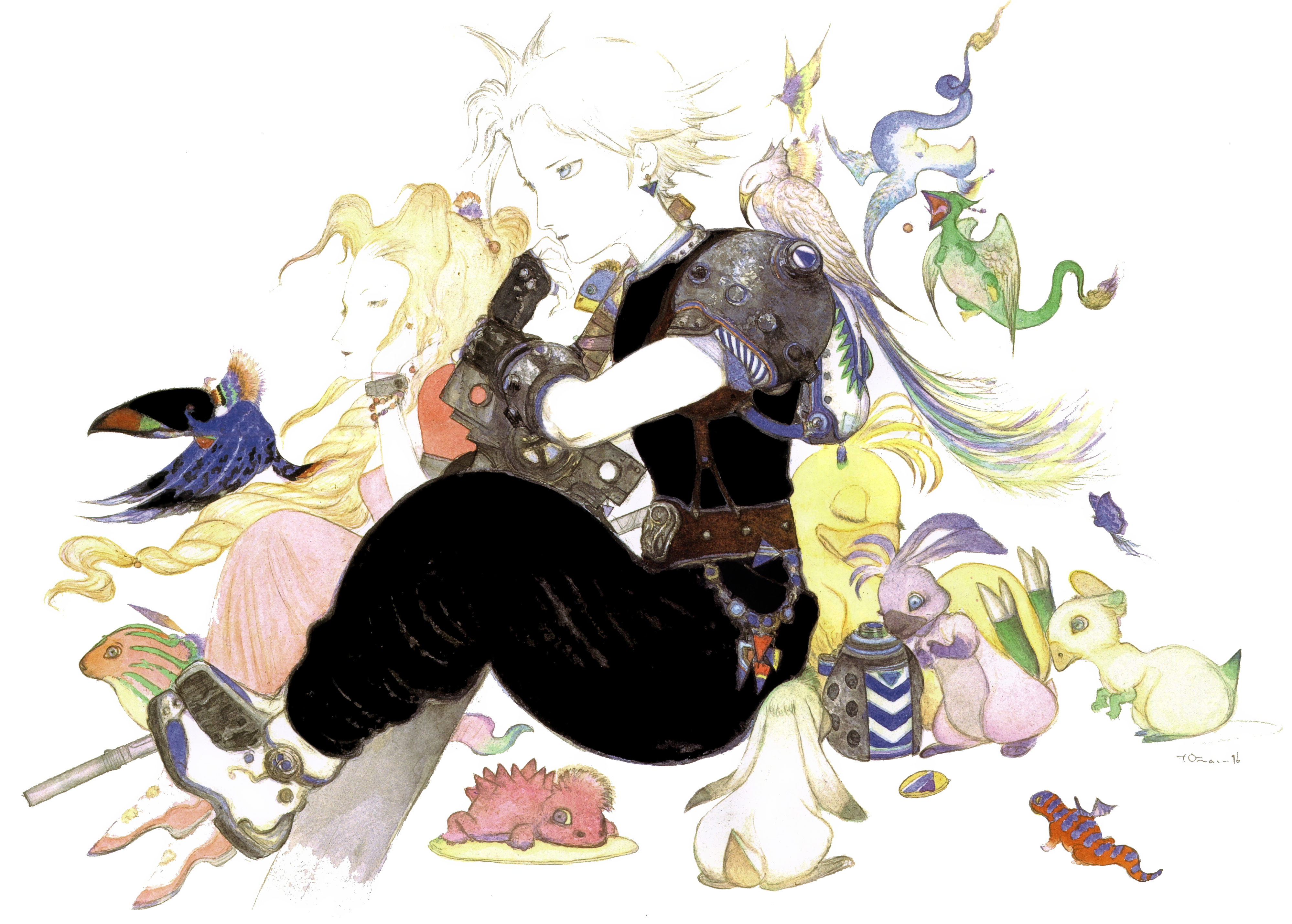 amano yoshitaka, aerith gainsborough, cloud strife, final fantasy, final fantasy vii, square enix, absurdres, highres, official art, traditional media, 1990s (style), 1boy, 1girl, amano yoshitaka design, bird, blonde hair, brown hair, buster sword, earrings, jewelry, monster, rabbit, retro artstyle, sitting, sword, weapon