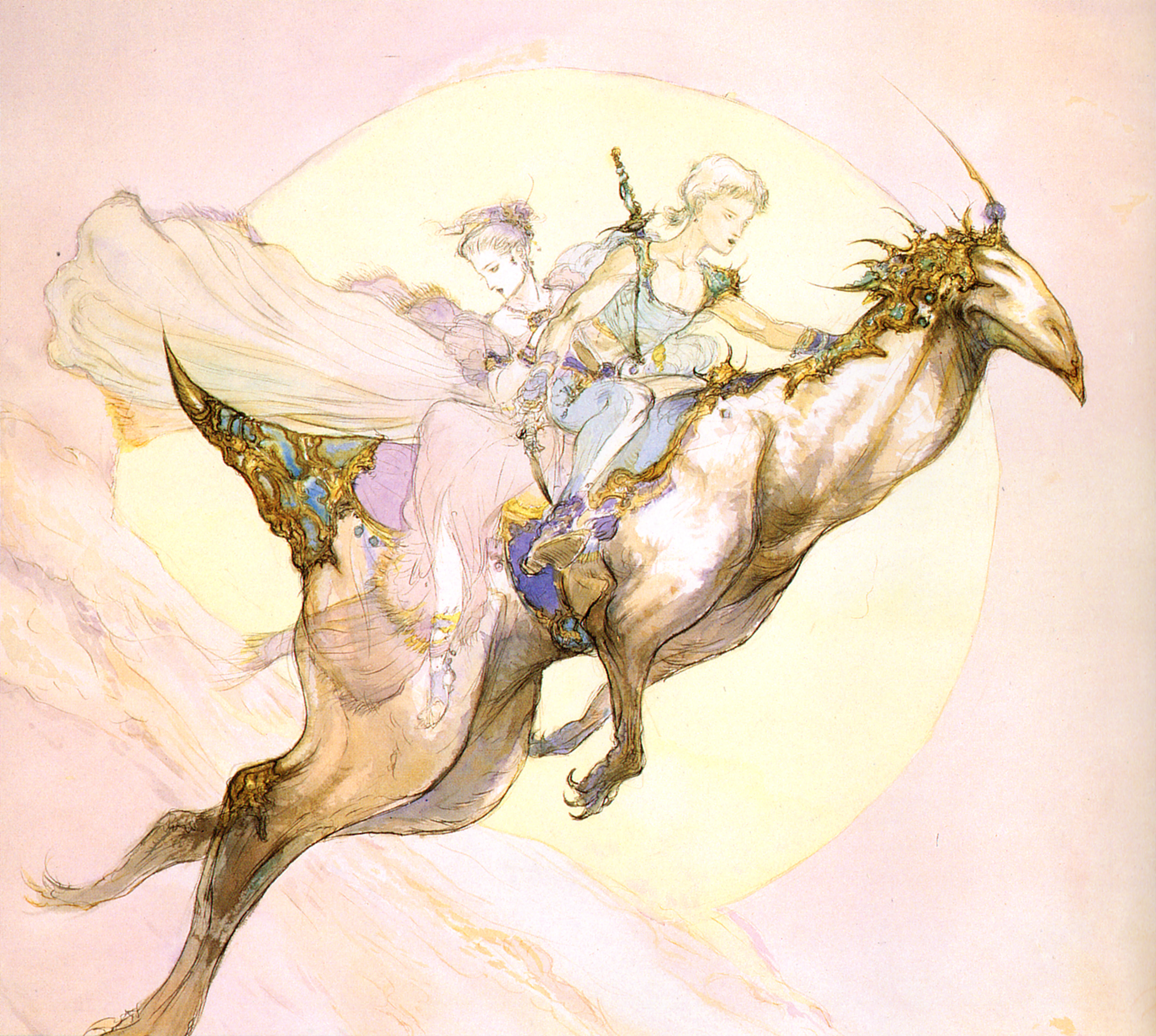 amano yoshitaka, bartz klauser, lenna charlotte tycoon, final fantasy, final fantasy v, absurdres, highres, official art, 1990s (style), 1boy, 1girl, cape, monster, multiple riders, retro artstyle, riding, sword, weapon