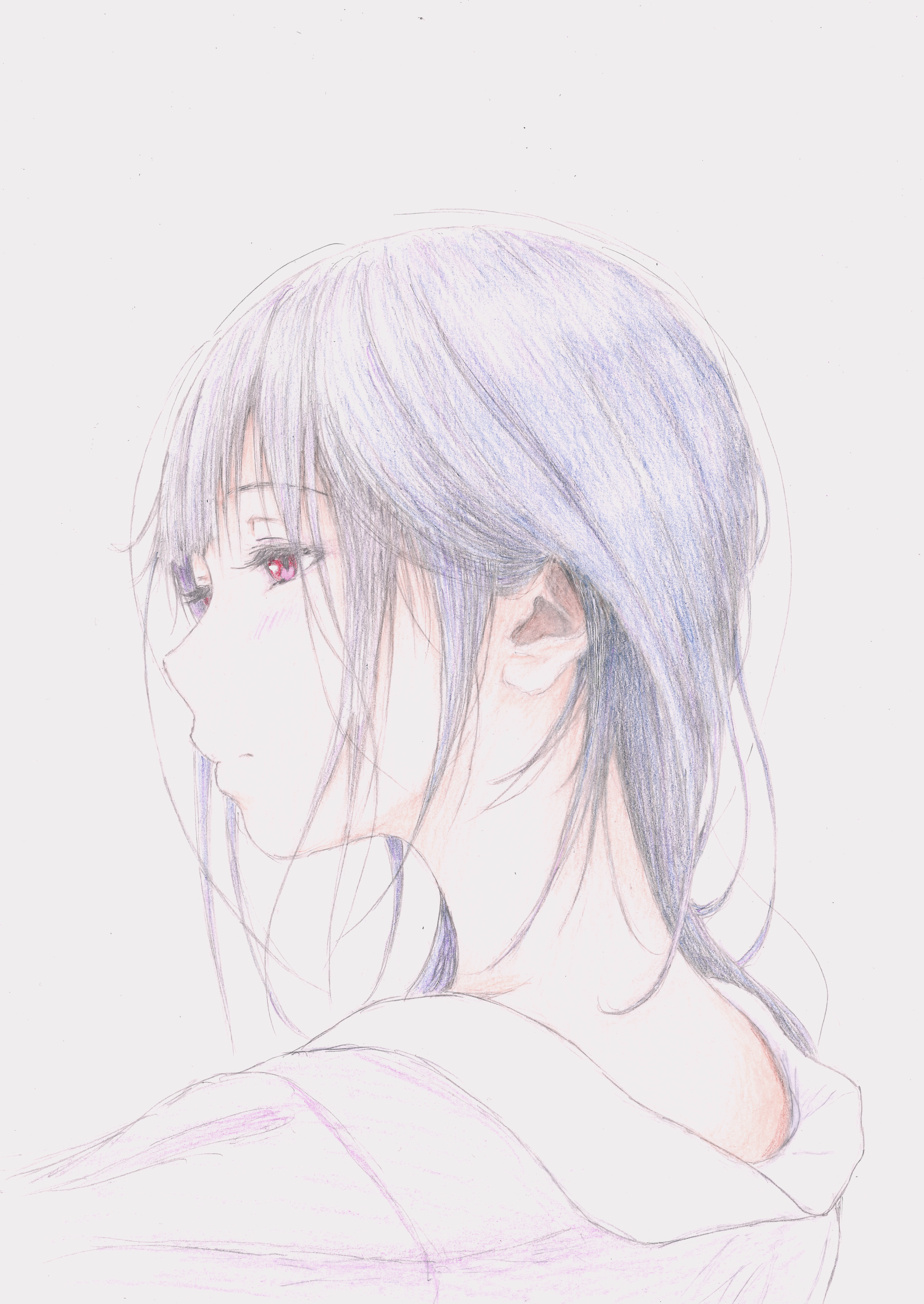 bbmasa, yoroizuka mizore, hibike! euphonium, liz to aoi tori, absurdres, commentary request, highres, traditional media, 1girl, blue hair, closed mouth, from behind, gradient background, grey background, hair behind ear, looking at viewer, nape, portrait, profile, red eyes, shirt, solo, white shirt