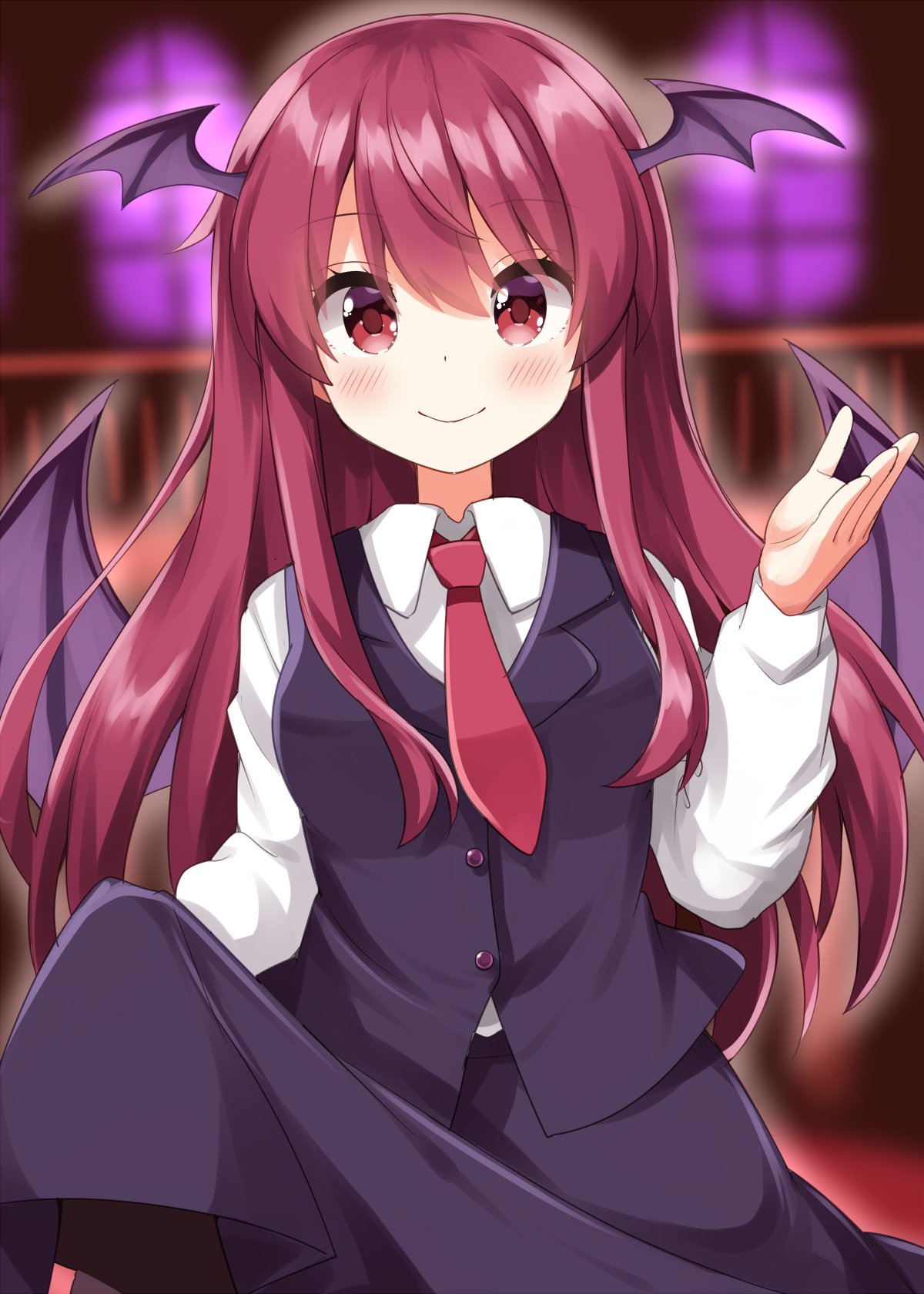 ruu (tksymkw), koakuma, touhou, commentary, highres, 1girl, bat wings, black skirt, black vest, blurry, blurry background, blush, closed mouth, collared shirt, hand up, head wings, long hair, long sleeves, looking at viewer, necktie, red eyes, red hair, red necktie, shirt, skirt, skirt hold, smile, solo, vest, white shirt, wings